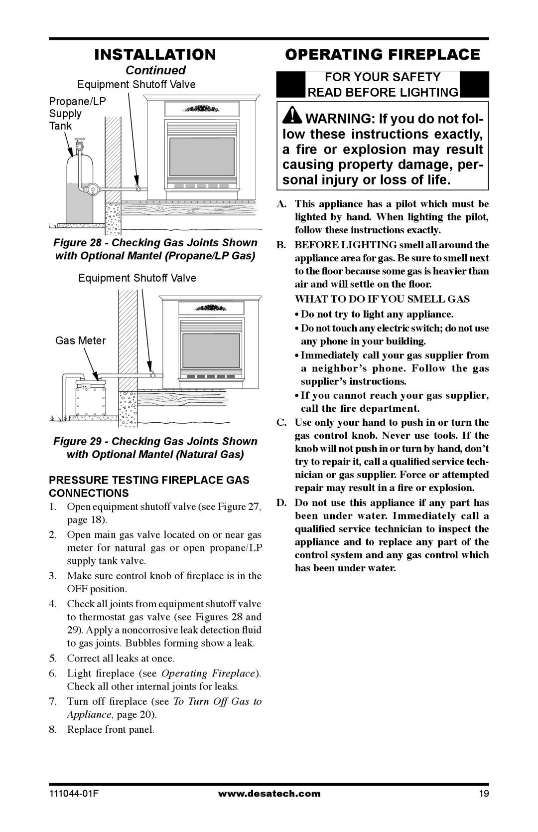 Desa CGCFTP, CGCFTN 14, HDCFTN For Your Safety, Read Before Lighting, Equipment Shutoff Valve, Propane/LP, Supply Tank 