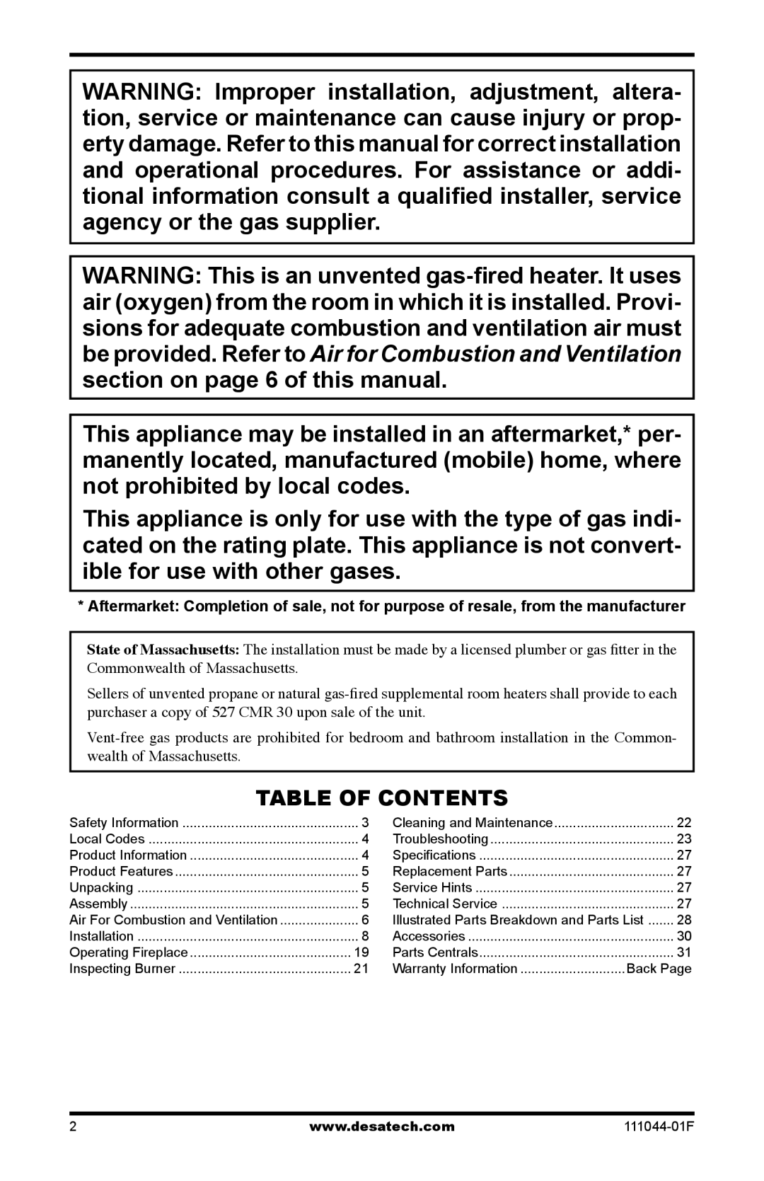 Desa HDCFTN, CGCFTP, CGCFTN 14 installation manual Table of Contents 