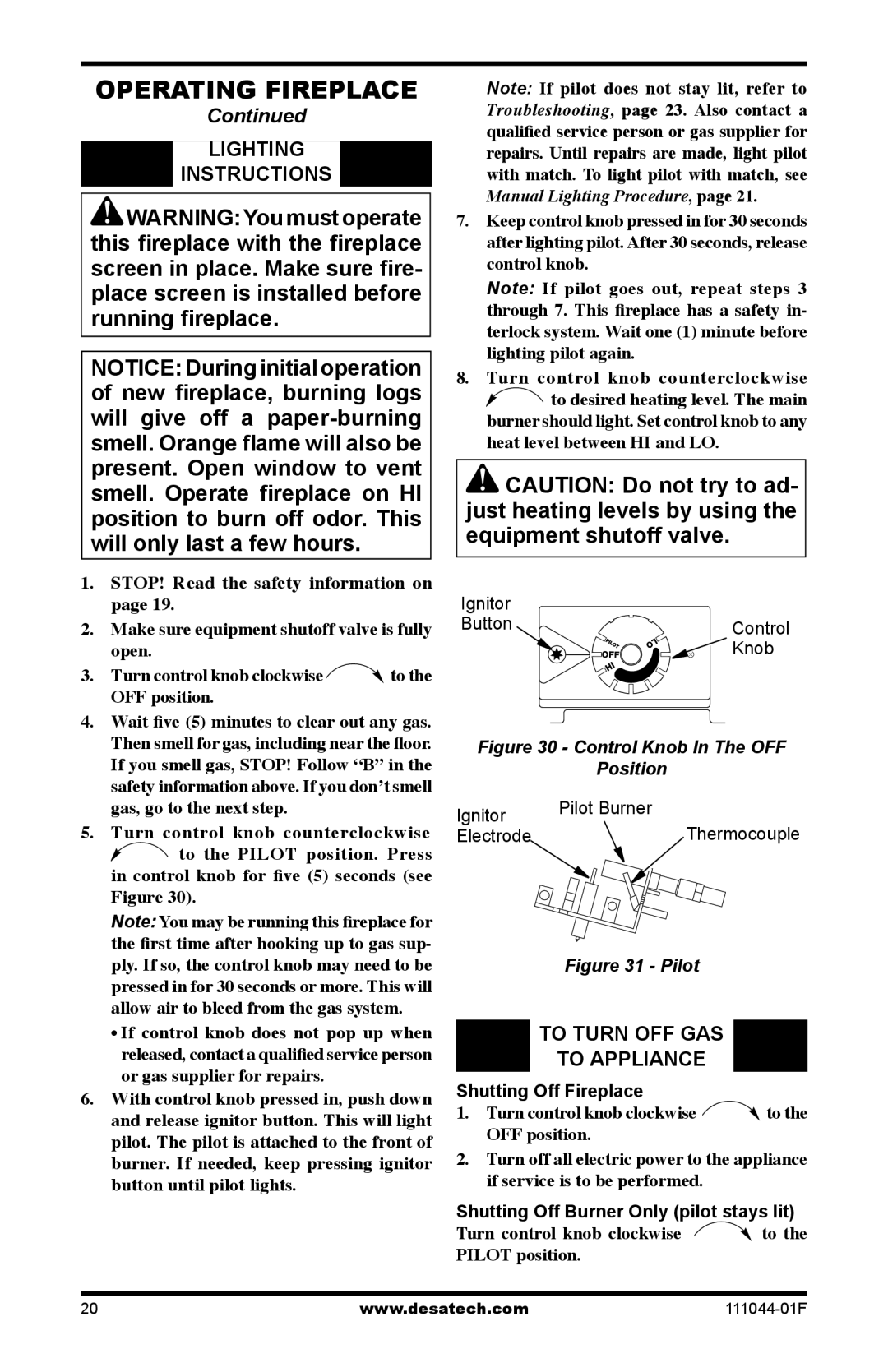 Desa HDCFTN Operating Fireplace, Lighting Instructions, To Turn OFF GAS To Appliance, Shutting Off Fireplace 