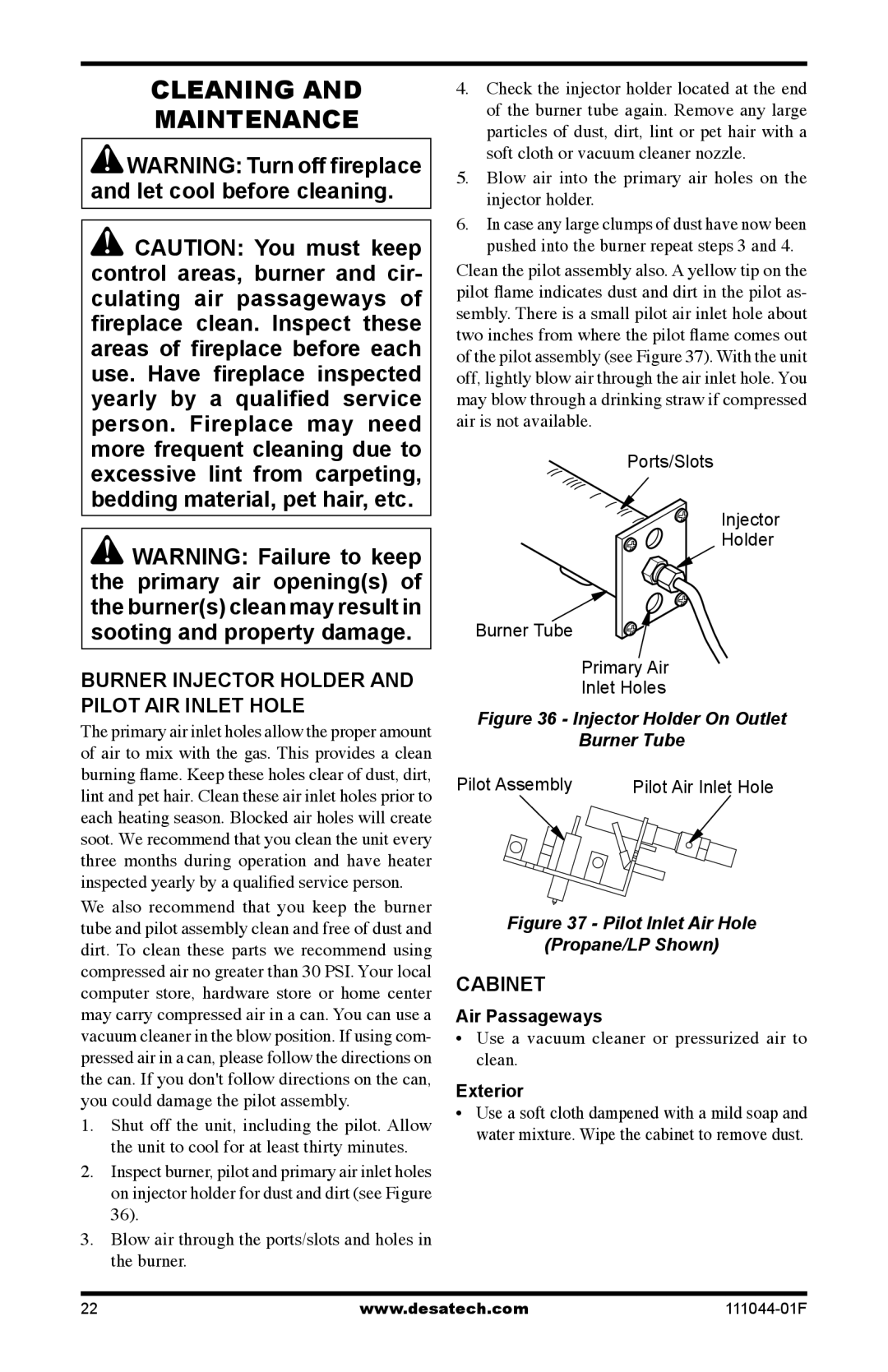 Desa HDCFTN Cleaning Maintenance, Burner Injector Holder and Pilot AIR Inlet Hole, Cabinet, Air Passageways, Exterior 