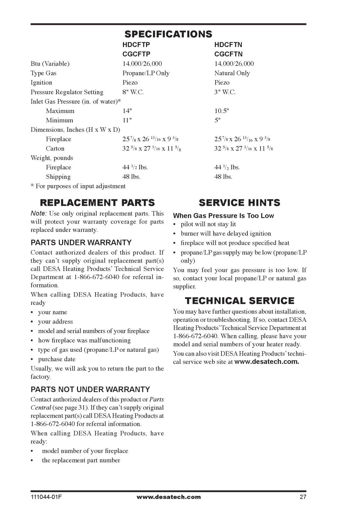 Desa CGCFTP, CGCFTN 14, HDCFTN installation manual Specifications, Replacement Parts, Service Hints, Technical Service 