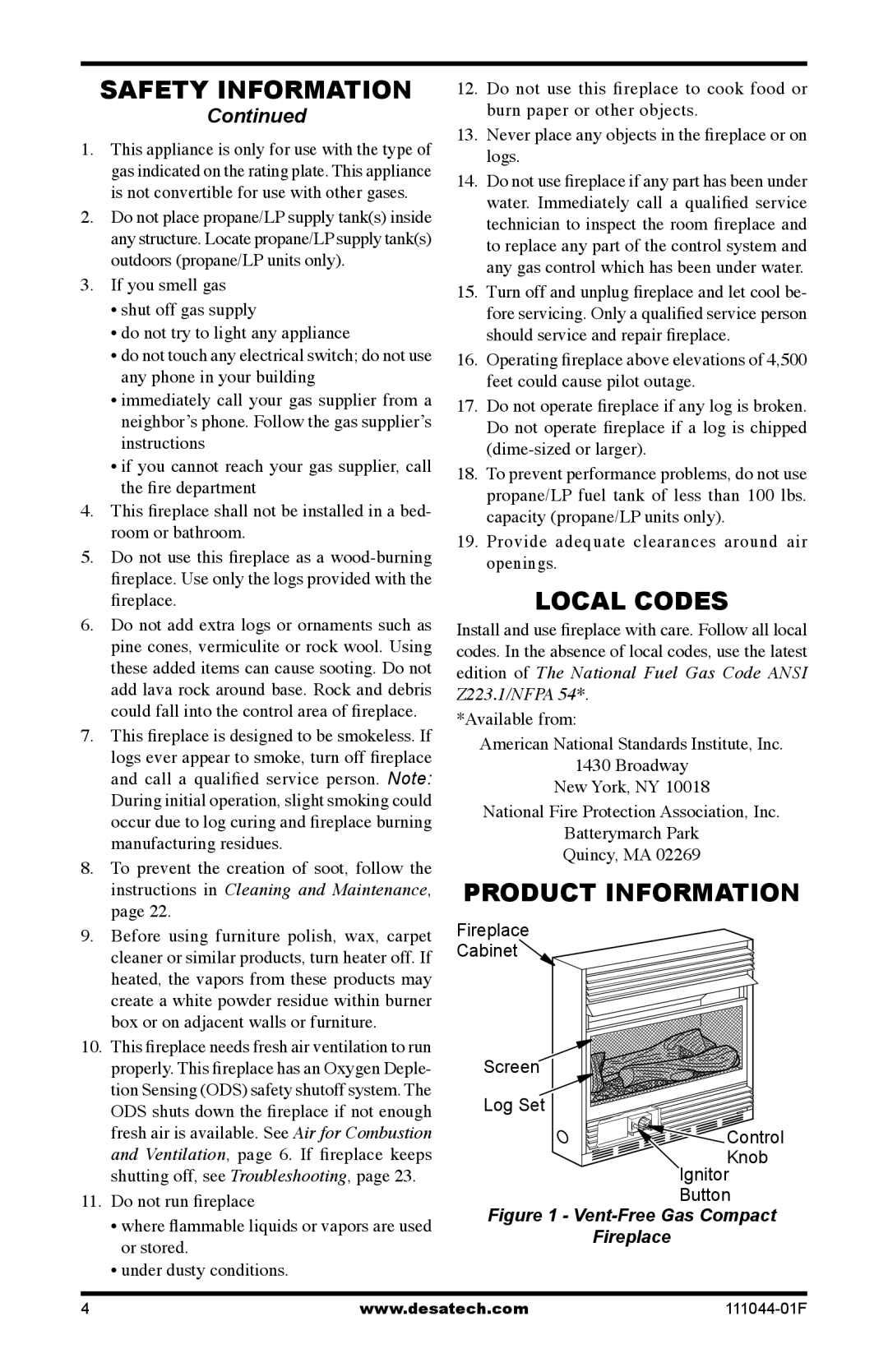 Desa HDCFTN, CGCFTP, CGCFTN 14 Local Codes, Product Information, Provide adequate clearances around air openings 