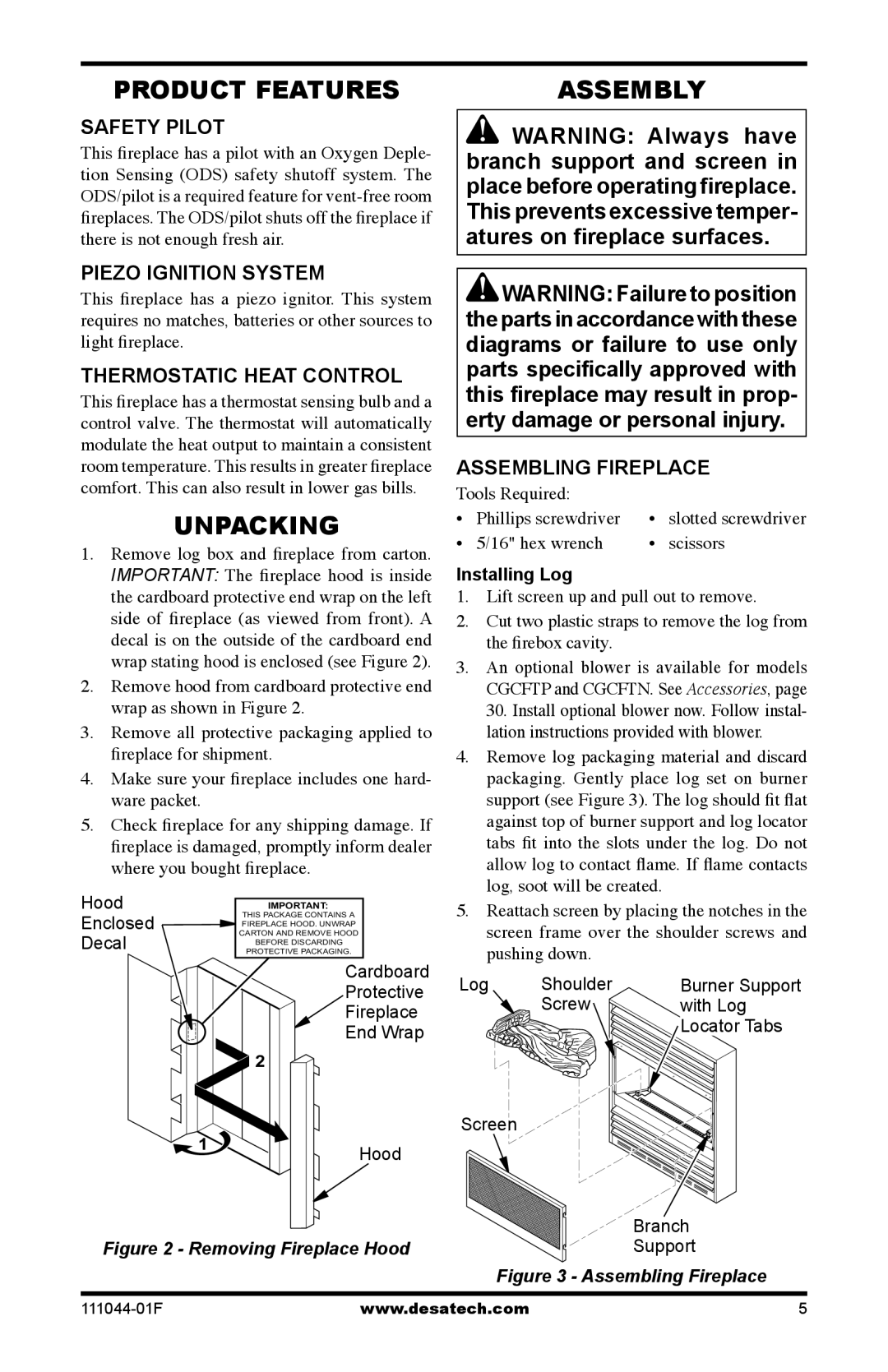 Desa CGCFTP, CGCFTN 14, HDCFTN installation manual Product Features, Unpacking, Assembly 