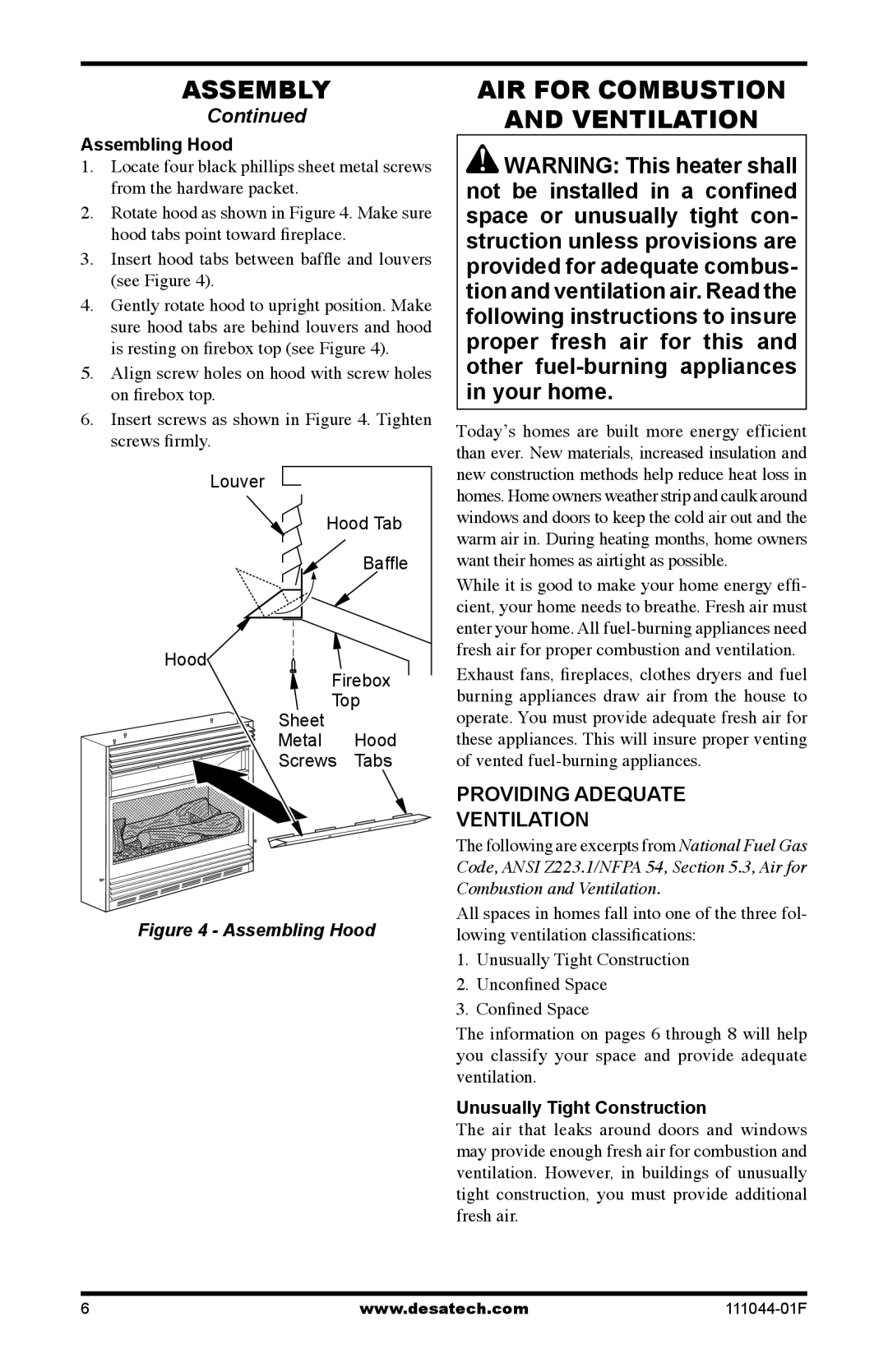 Desa HDCFTN, CGCFTP, CGCFTN 14 installation manual Providing Adequate Ventilation, Assembling Hood 