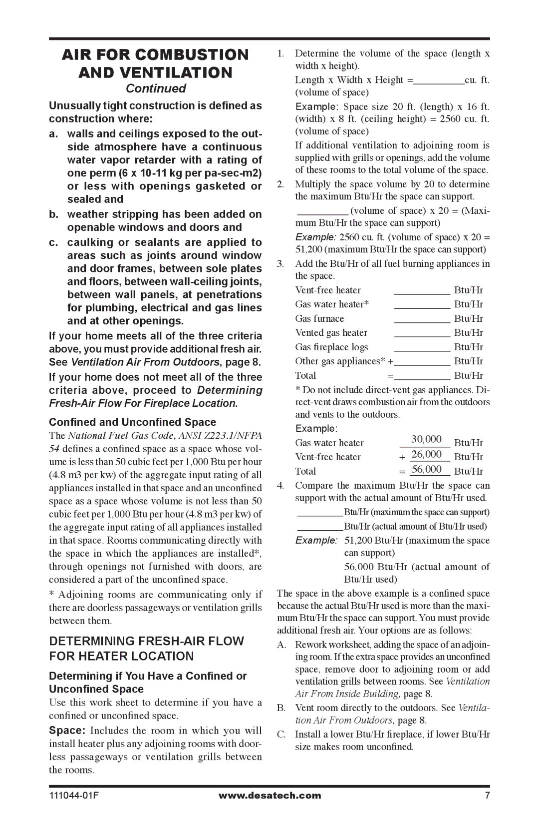 Desa CGCFTP, CGCFTN 14, HDCFTN AIR for Combustion Ventilation, Determining FRESH-AIR Flow for Heater Location 