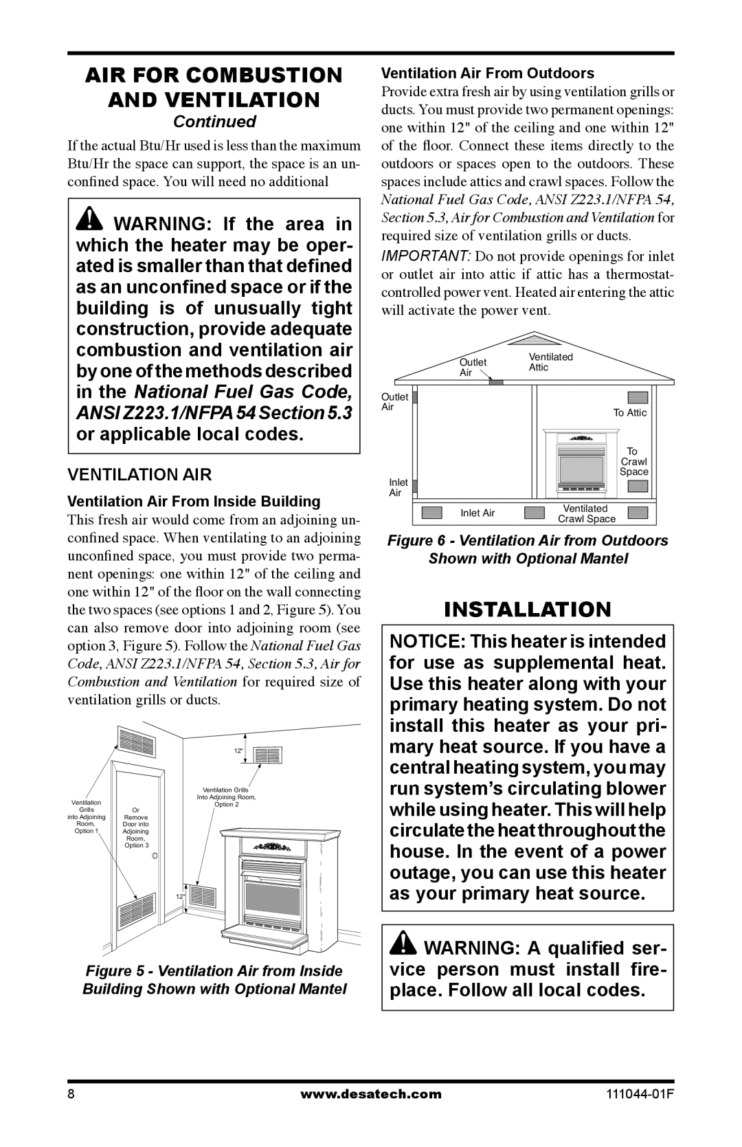 Desa HDCFTN Installation, Ventilation AIR, Ventilation Air From Inside Building, Ventilation Air From Outdoors 