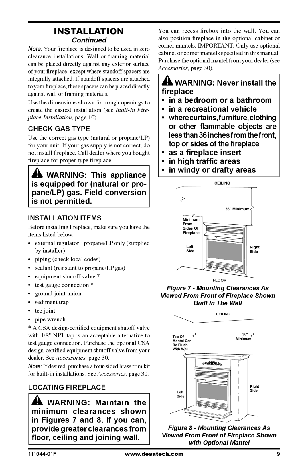 Desa CGCFTP, CGCFTN 14, HDCFTN installation manual Check GAS Type, Installation Items, Locating Fireplace 