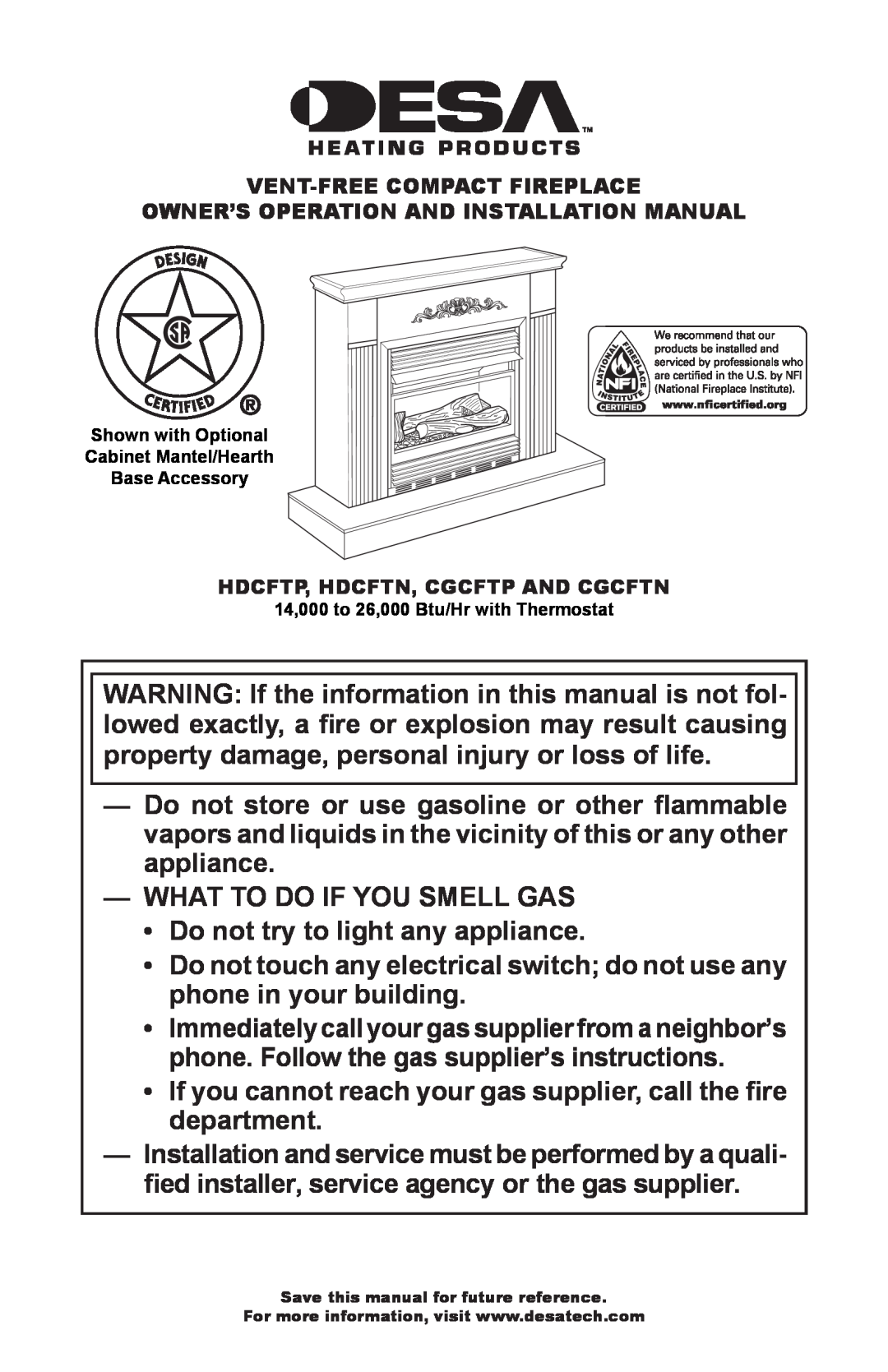 Desa CGCFTP, CGCFTN 14, HDCFTN installation manual What To Do If You Smell Gas 