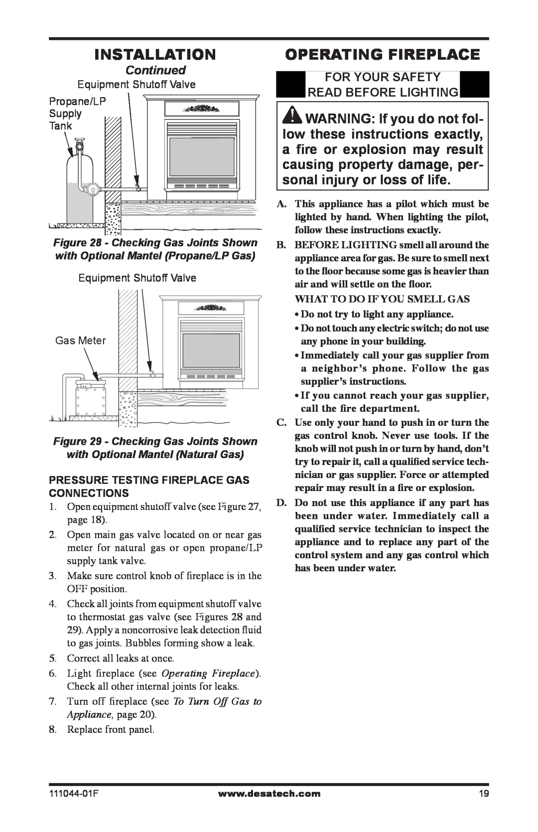 Desa CGCFTP, CGCFTN 14 Installation, Operating Fireplace, WARNING If you do not fol, low these instructions exactly, Tank 