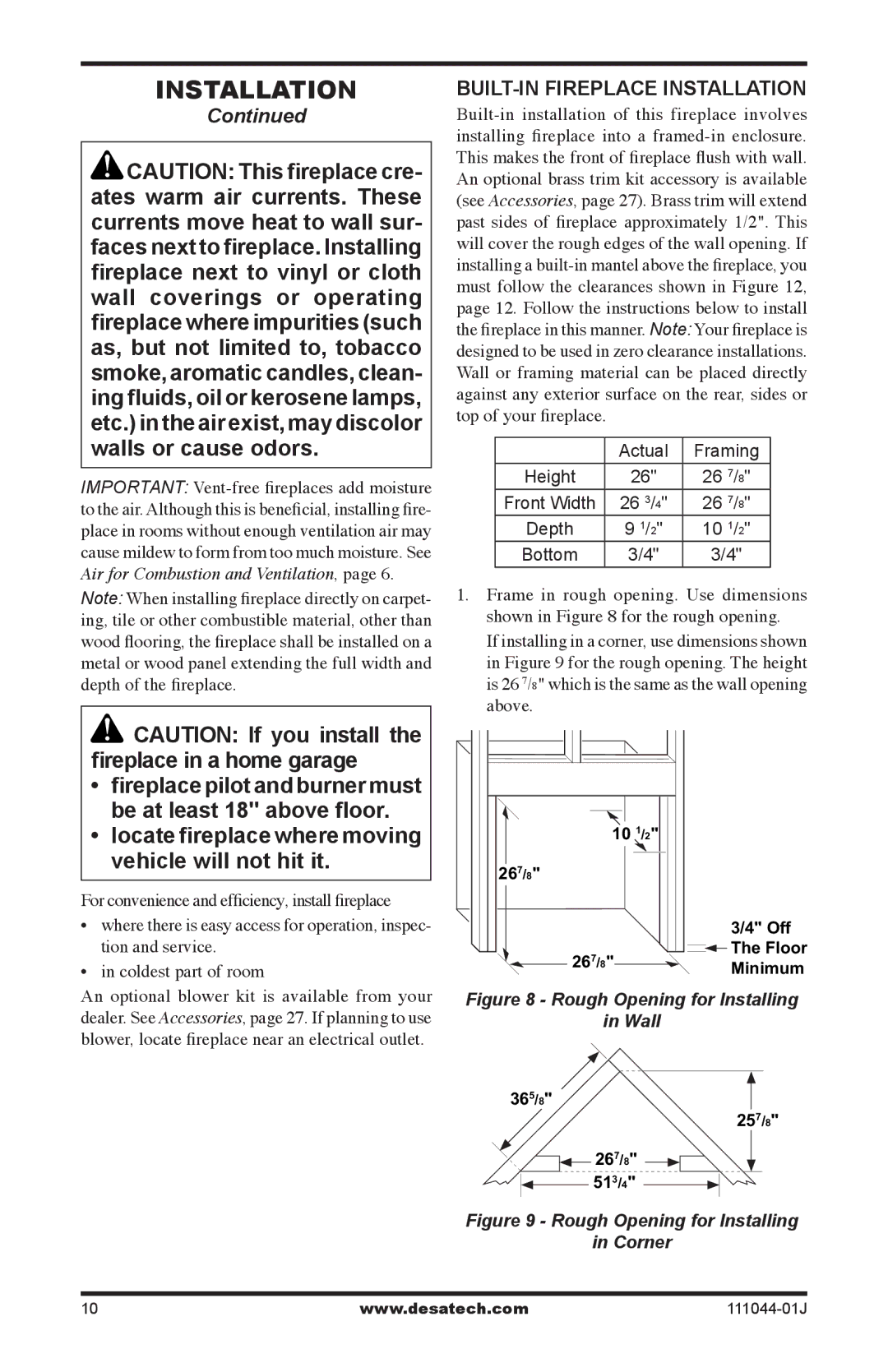 Desa CGCFTP, CGCFTN Fireplace pilot and burner must be at least 18 above floor, Built-In Fireplace Installation 