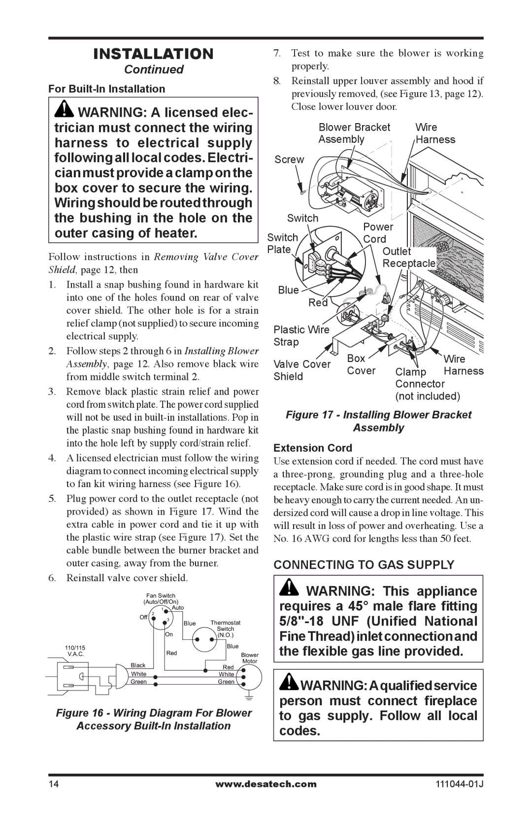 Desa CGCFTP, CGCFTN Connecting to GAS Supply, For Built-In Installation, Reinstall valve cover shield, Extension Cord 