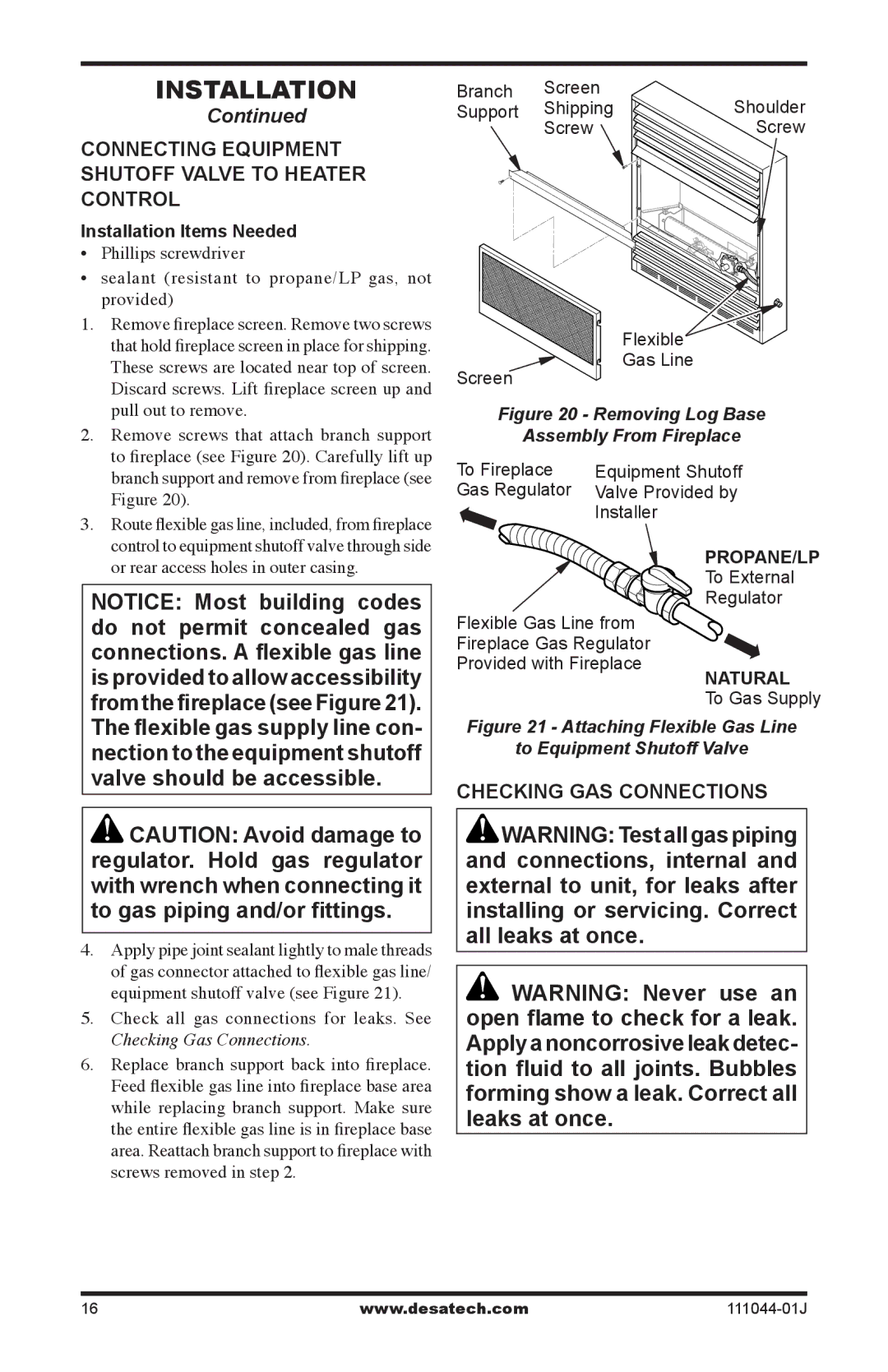 Desa CGCFTP, CGCFTN installation manual Connecting Equipment shutoff valve to heater control, Checking GAS Connections 