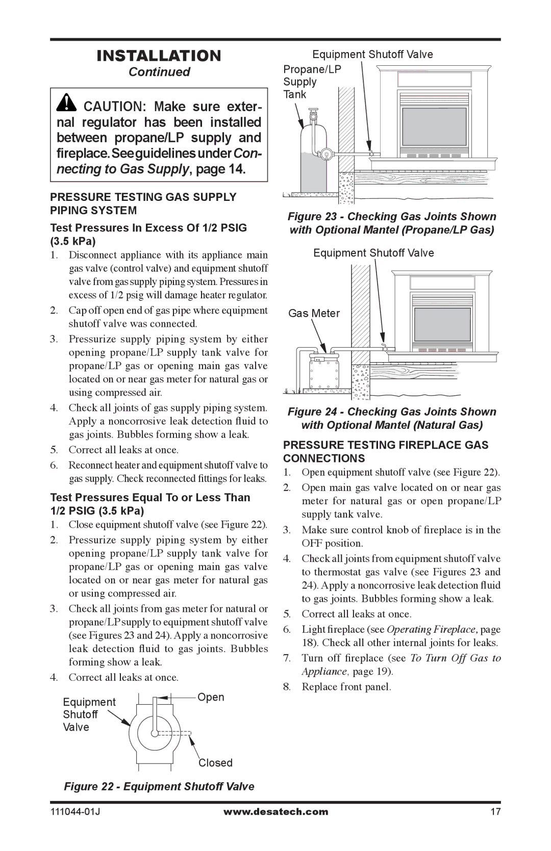 Desa HDCFTP, HDCFTN, CGCFTP, CGCFTN Correct all leaks at once, Test Pressures Equal To or Less Than Psig 3.5 kPa 