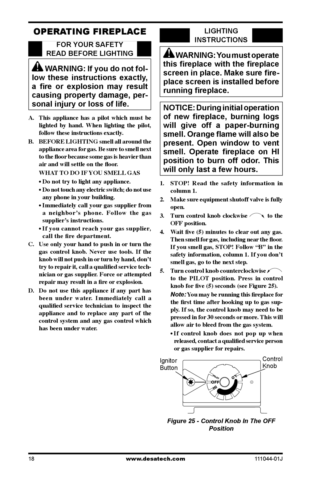 Desa CGCFTP, CGCFTN installation manual Operating Fireplace, For Your Safety Read Before Lighting, Lighting Instructions 