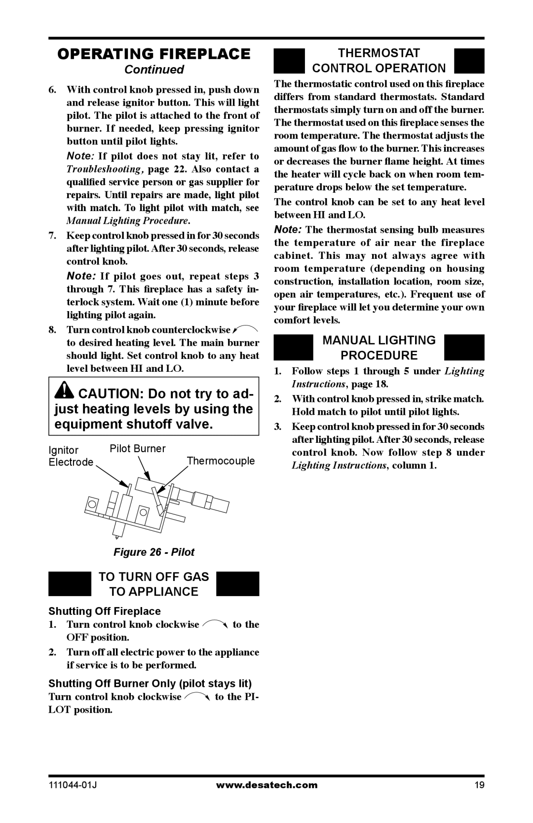 Desa HDCFTP, HDCFTN, CGCFTP, CGCFTN Operating Fireplace, To Turn OFF GAS To Appliance, Thermostat Control Operation 