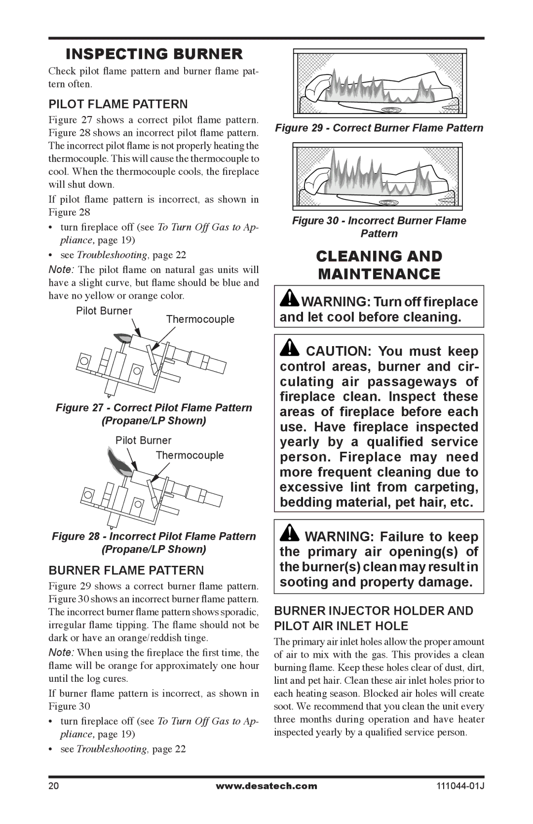 Desa CGCFTP, CGCFTN installation manual Inspecting Burner, Cleaning Maintenance, Pilot Flame Pattern, Burner Flame Pattern 