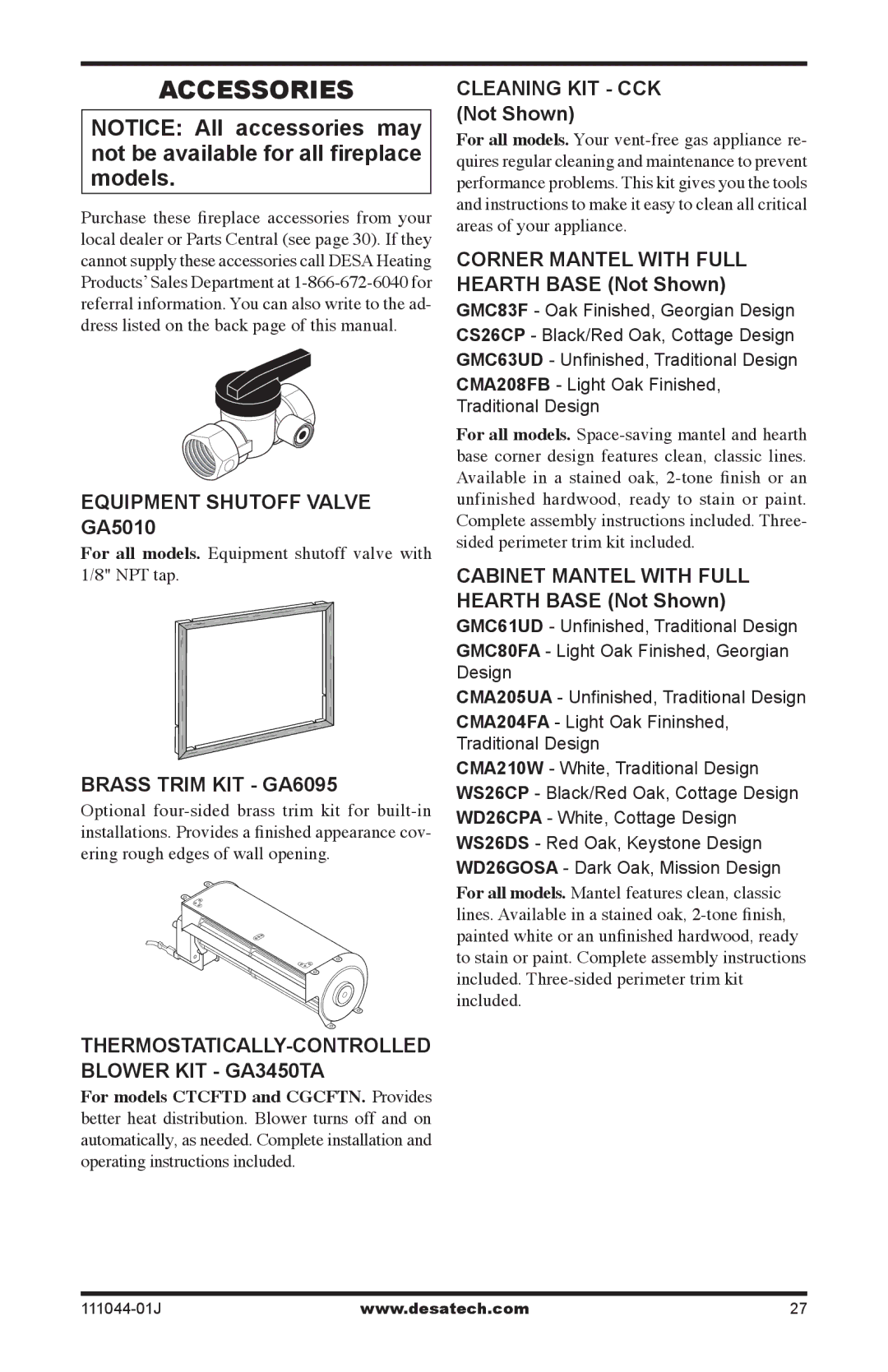 Desa HDCFTP, HDCFTN, CGCFTP, CGCFTN installation manual Accessories, Equipment Shutoff Valve GA5010, Brass Trim KIT GA6095 