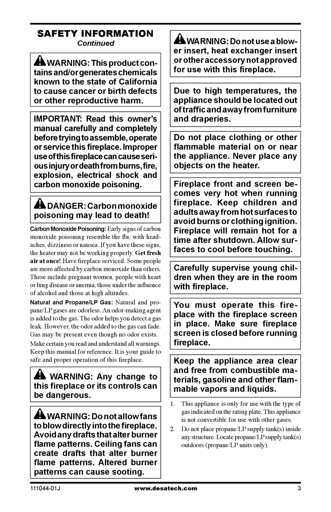 Desa HDCFTP, HDCFTN, CGCFTP, CGCFTN installation manual Safety Information, Poisoning may lead to death 