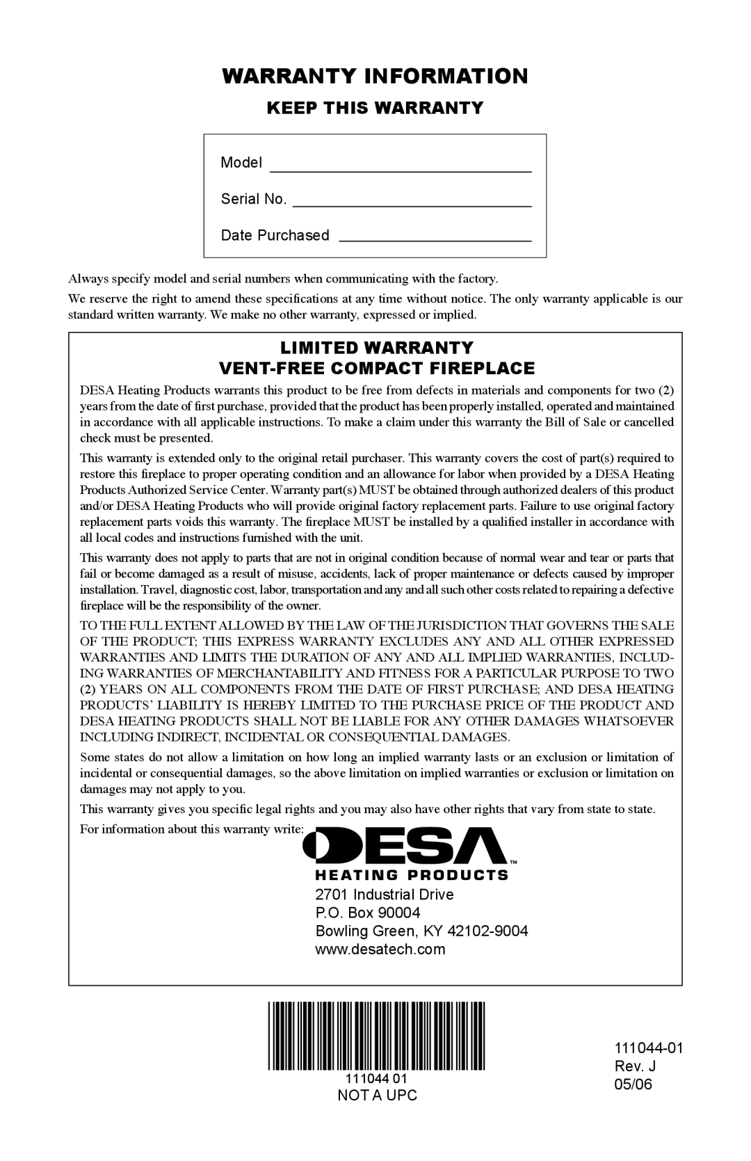 Desa CGCFTP, CGCFTN Warranty Information, Keep this Warranty, Limited Warranty, VENT-FREE Compact fireplace 