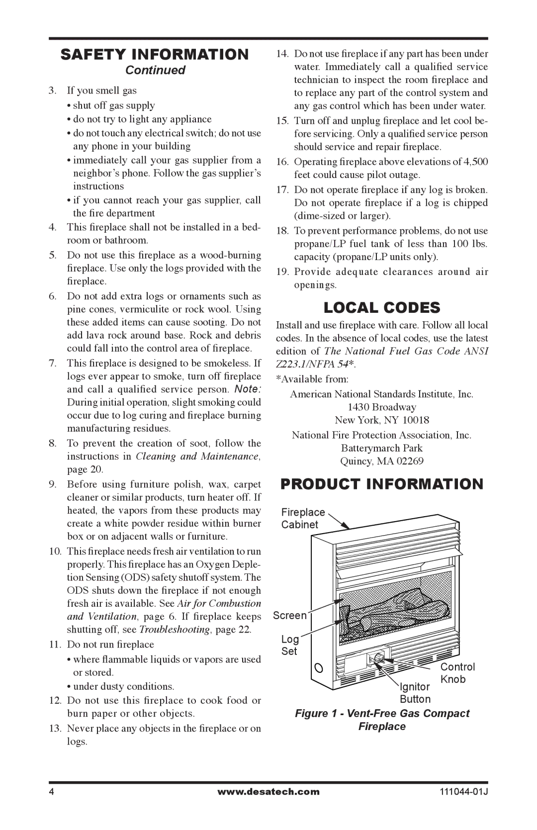 Desa CGCFTP, CGCFTN installation manual Local Codes, Product Information, Provide adequate clearances around air openings 