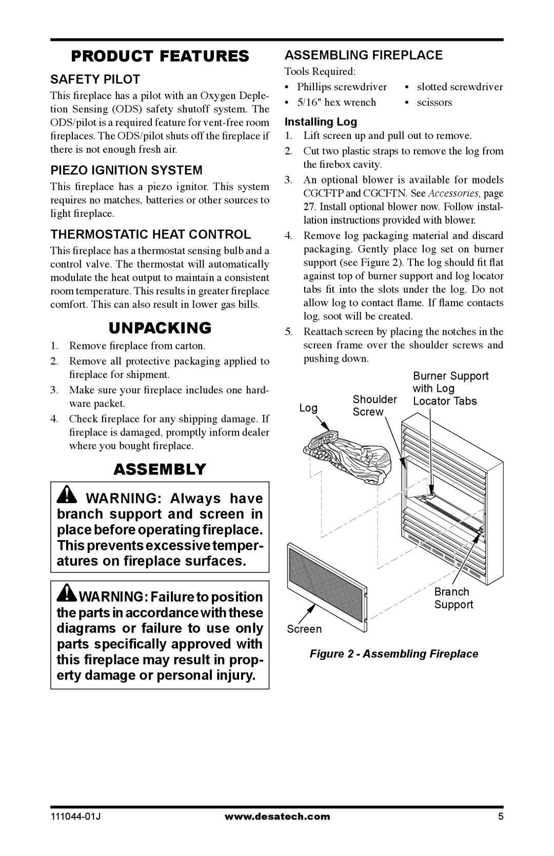 Desa HDCFTP, HDCFTN, CGCFTP, CGCFTN installation manual Product Features, Unpacking, Assembly 