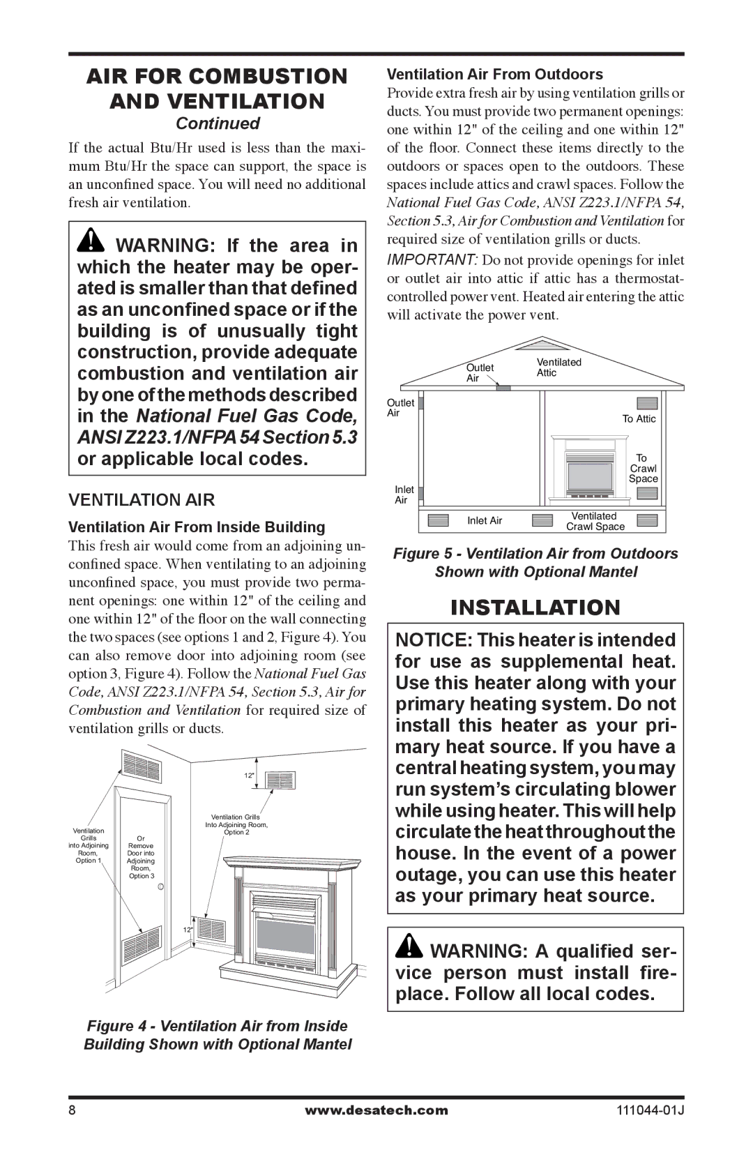 Desa CGCFTP, CGCFTN Installation, Ventilation AIR, Ventilation Air From Inside Building, Ventilation Air From Outdoors 