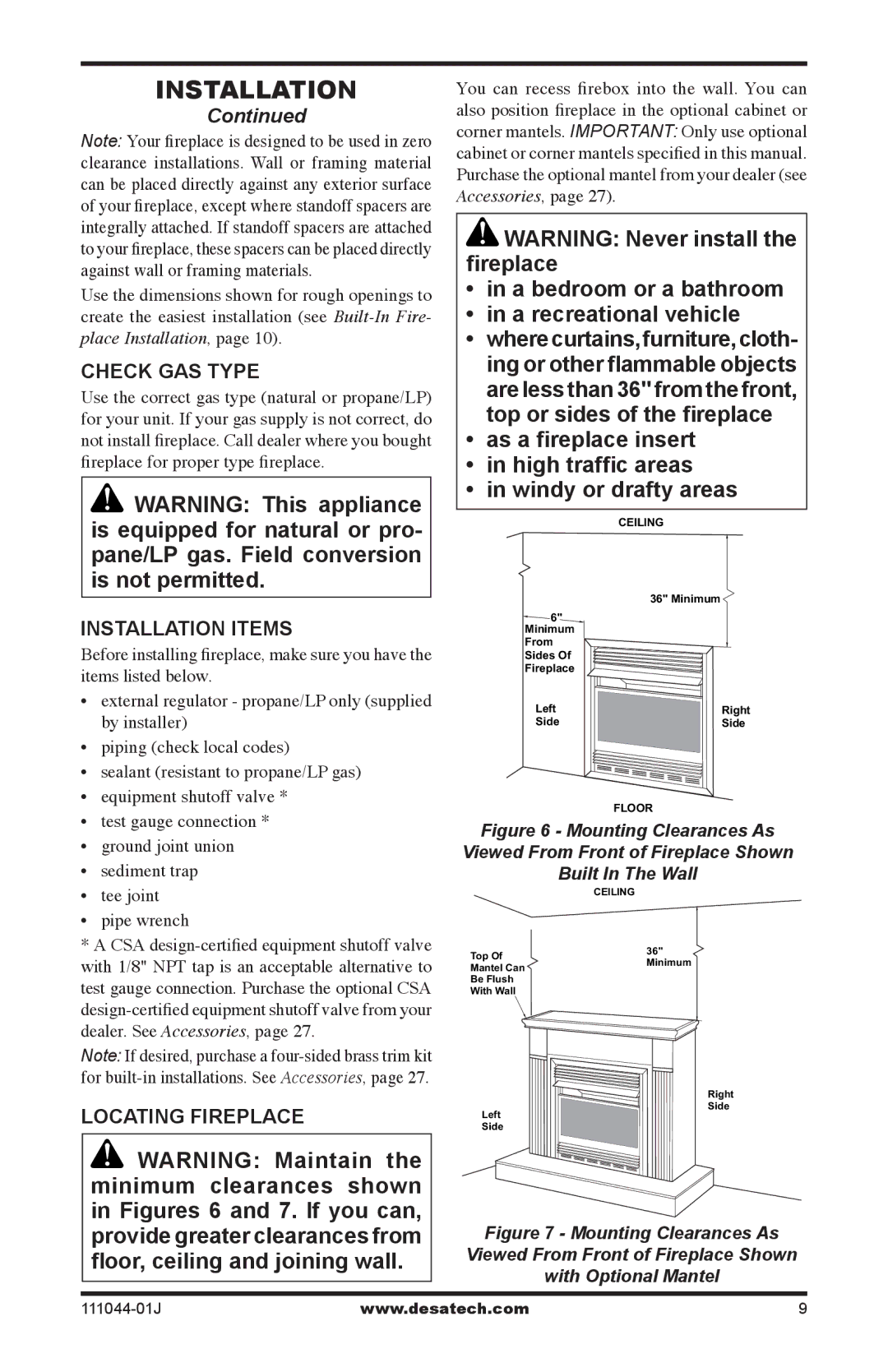 Desa HDCFTP, HDCFTN, CGCFTP, CGCFTN installation manual Check GAS Type, Installation Items, Locating Fireplace 