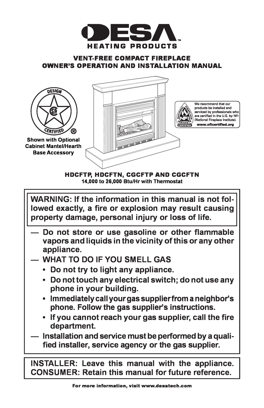 Desa HDCFTP, HDCFTN, CGCFTP, CGCFTN installation manual What To Do If You Smell Gas 
