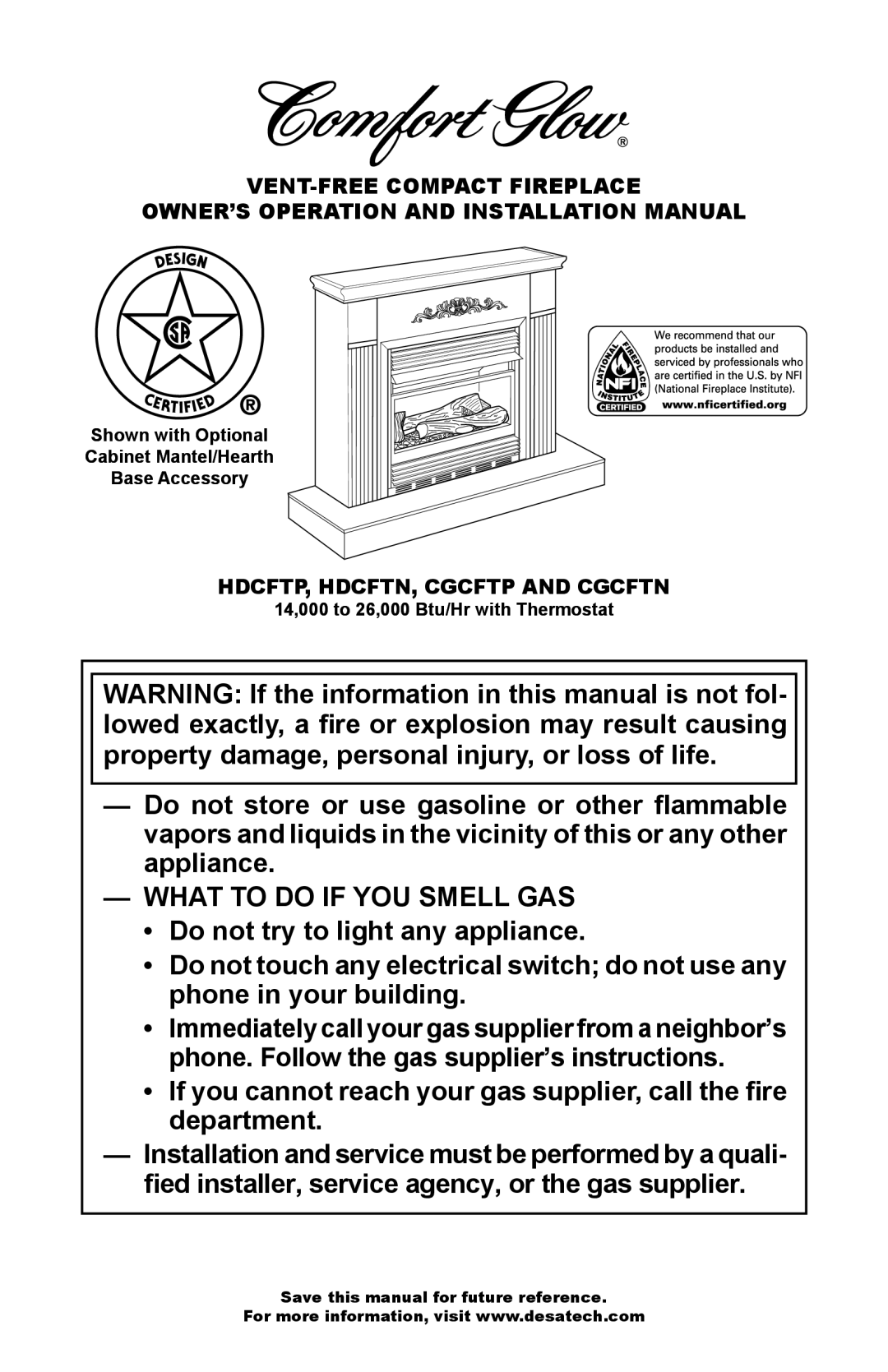 Desa installation manual HDCFTP, HDCFTN, Cgcftp and Cgcftn, Shown with Optional Cabinet Mantel/Hearth Base Accessory 