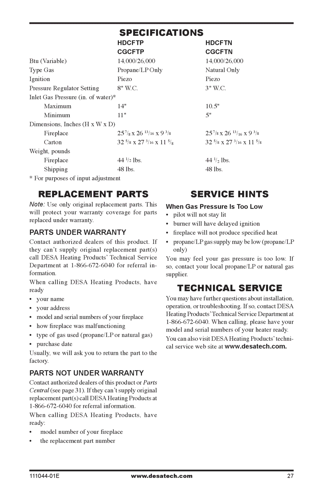 Desa HDCFTP installation manual Specifications, Replacement Parts, Service Hints, Technical Service 