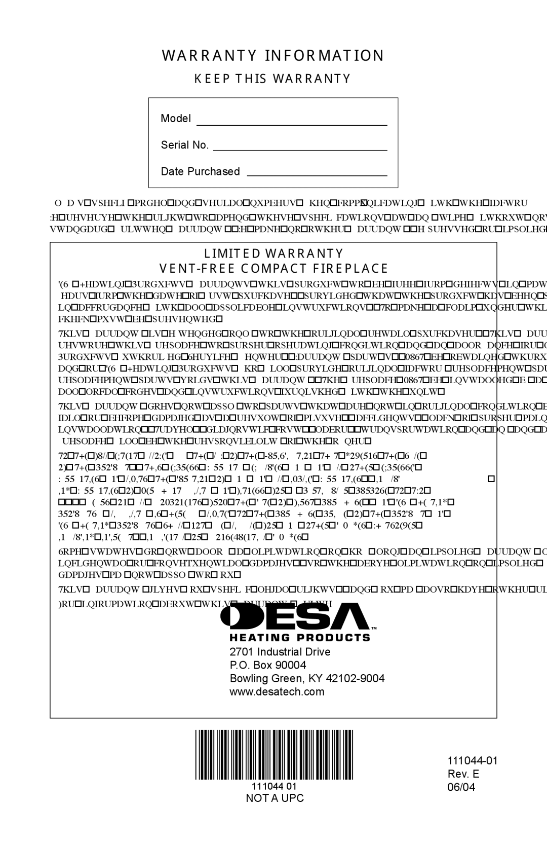 Desa HDCFTP installation manual Warranty Information, Keep this Warranty, Limited Warranty VENT-FREE Compact Fireplace 