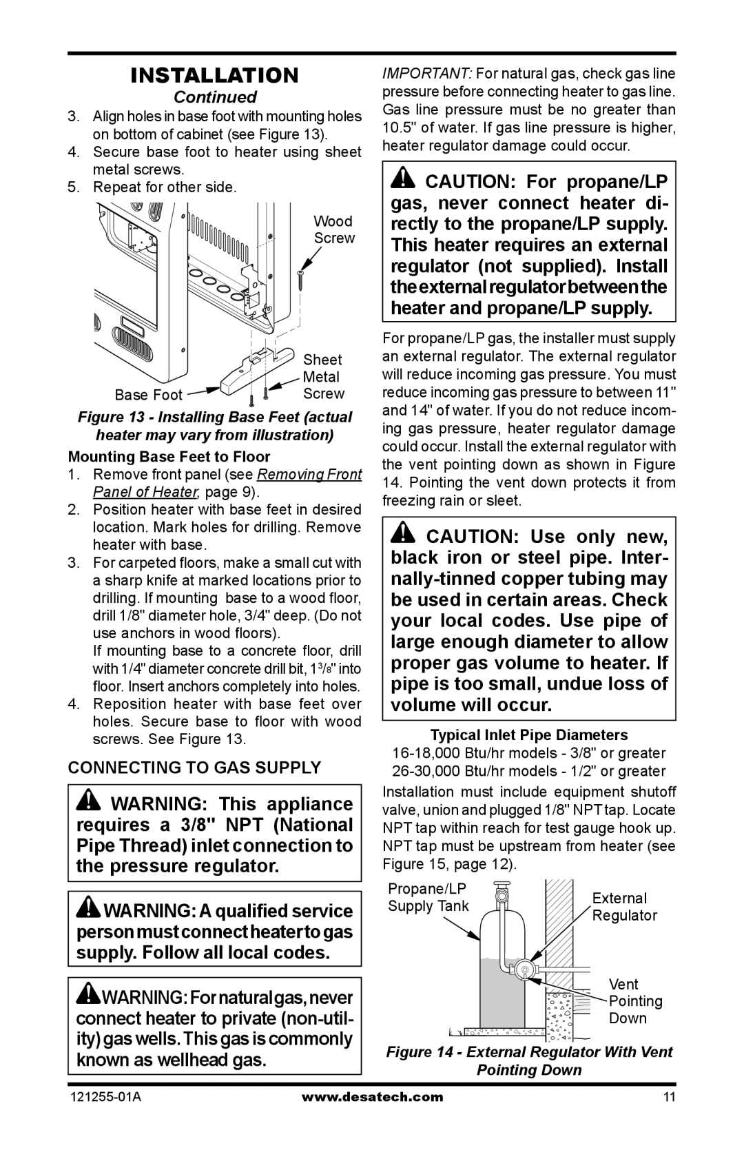 Desa LCR18NT, HDR18NT, LCR30NT, LCR26PT Connecting to GAS Supply, Mounting Base Feet to Floor, Typical Inlet Pipe Diameters 