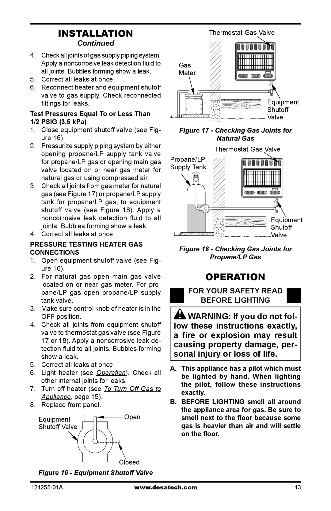 Desa HDR30NT Operation, For Your Safety Read Before Lighting, Test Pressures Equal To or Less Than 1/2 Psig 3.5 kPa 