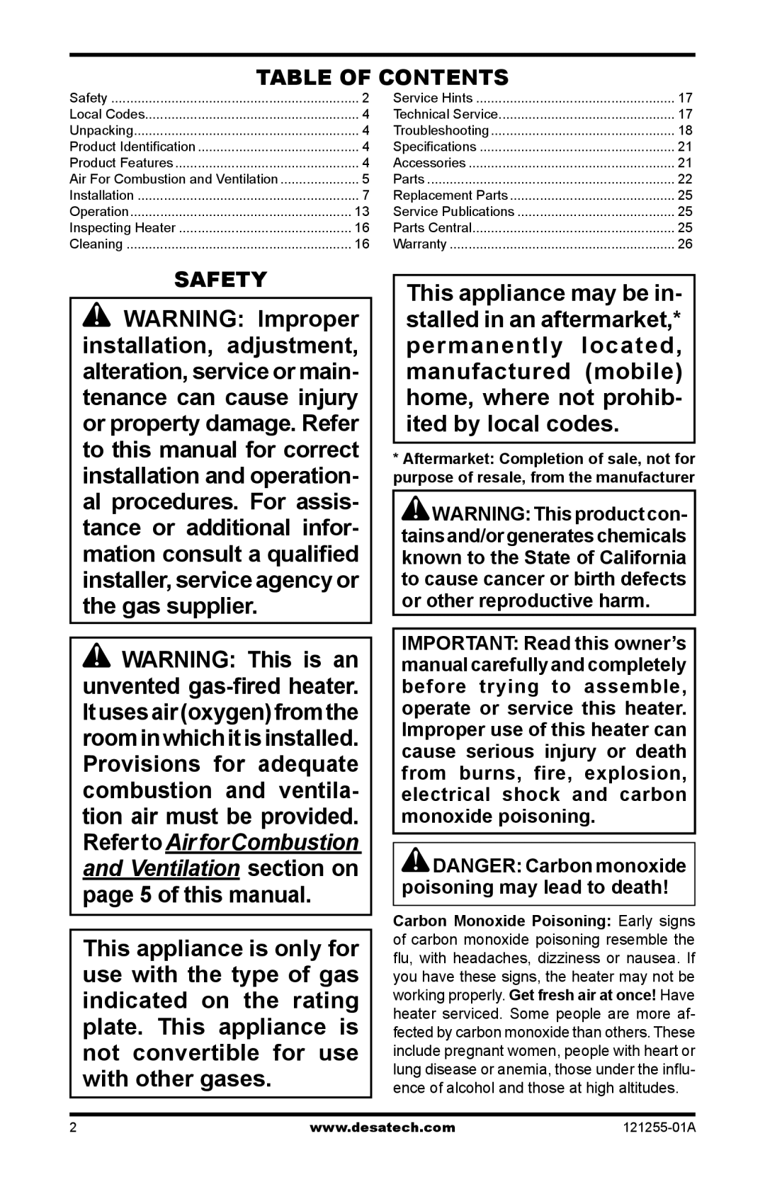 Desa LCR26PT, HDR18NT, LCR30NT, LCR18NT, HDR26PT, HDR30NT, HDR16PT, LCR16PT installation manual Table of Contents, Safety 