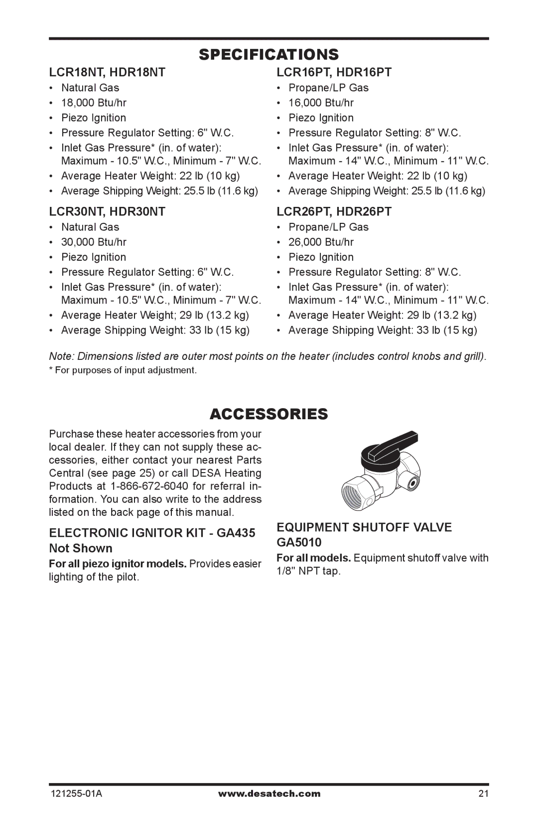 Desa HDR30NT, HDR18NT, LCR30NT, LCR26PT, LCR18NT, HDR26PT, HDR16PT, LCR16PT installation manual Specifications, Accessories 