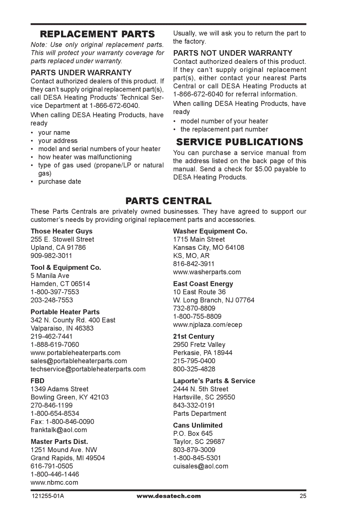 Desa LCR30NT Replacement Parts, Service Publications Parts Central, Parts Under Warranty, Parts Not Under Warranty 