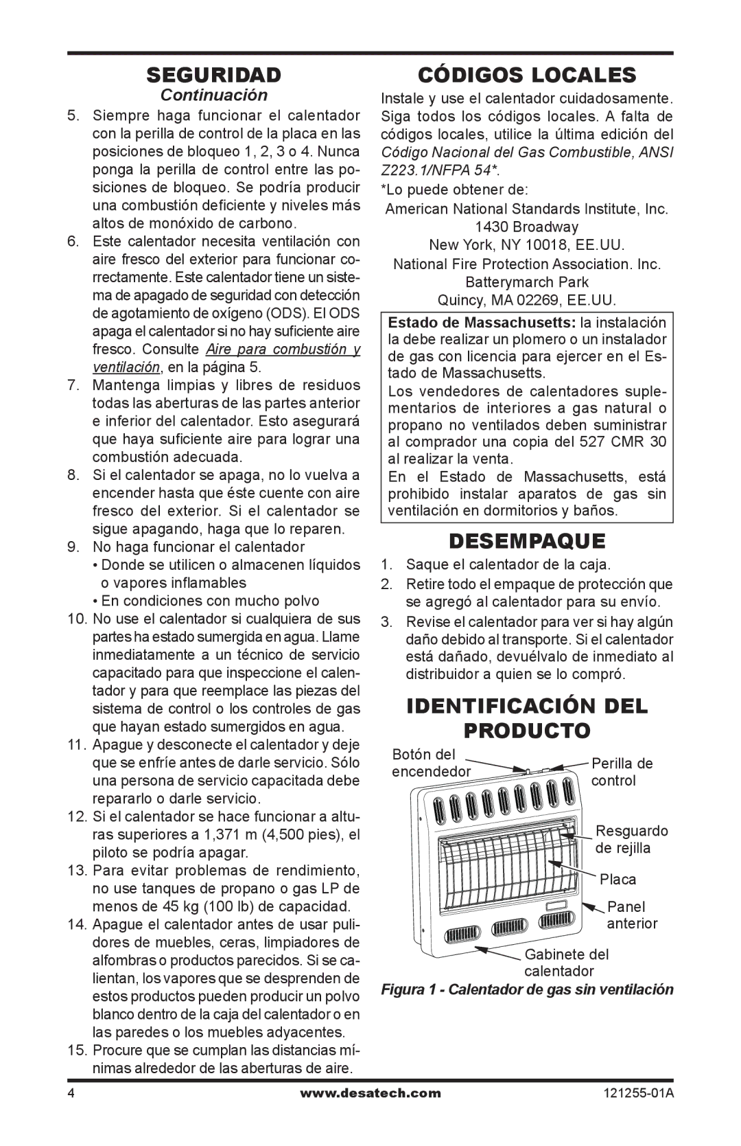 Desa HDR16PT, HDR18NT, LCR30NT Códigos locales, Desempaque, Identificación del Producto, Saque el calentador de la caja 