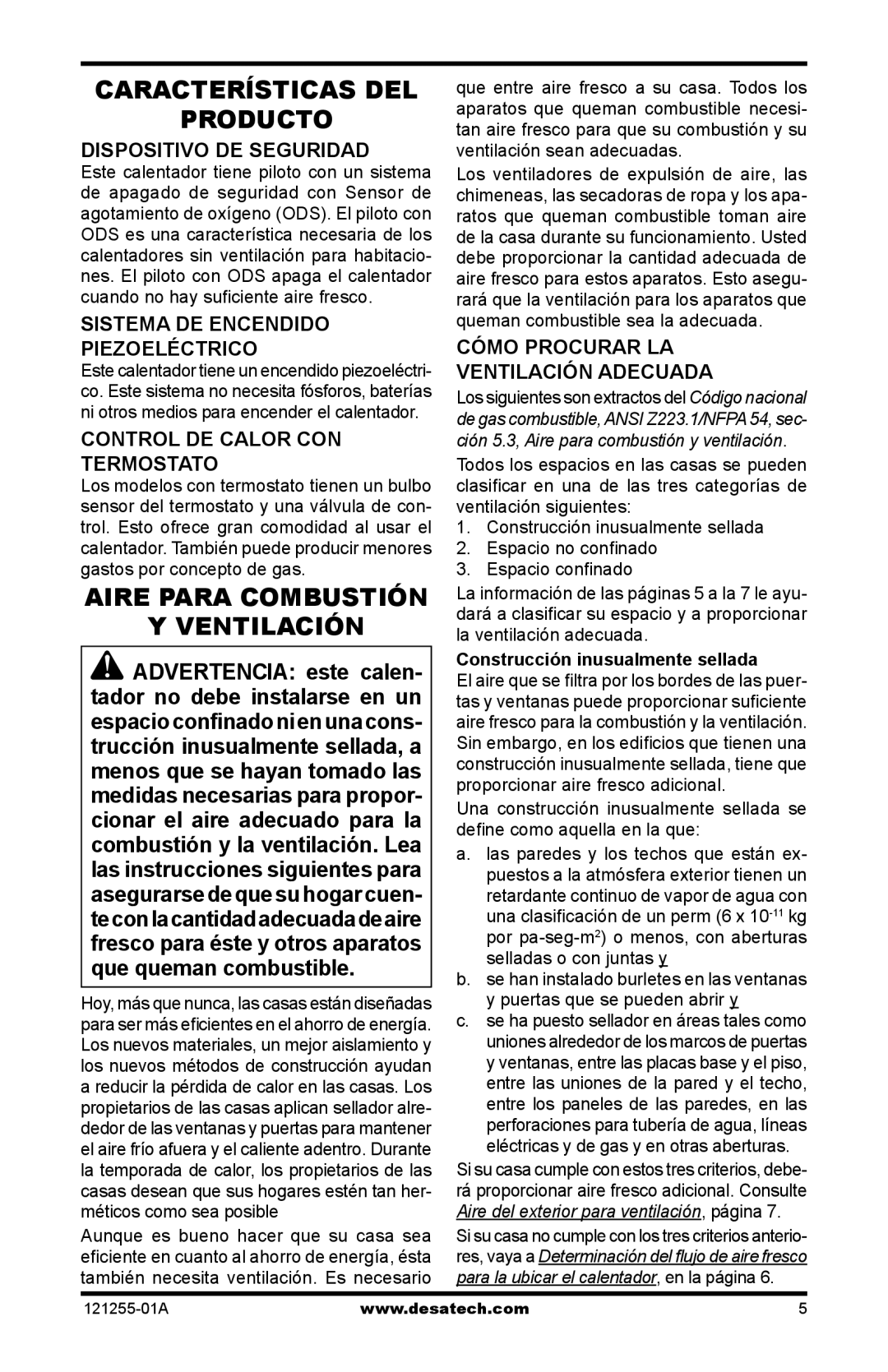 Desa LCR16PT Características del Producto, Aire para combustión Ventilación, Cómo Procurar LA Ventilación Adecuada 