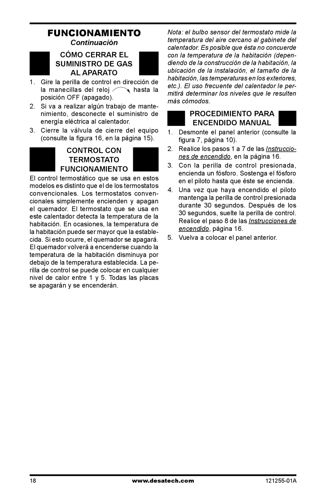 Desa HDR26PT, HDR18NT, LCR30NT, LCR26PT Cómo Cerrar EL Suministro DE GAS AL Aparato, Control CON, Termostato Funcionamiento 