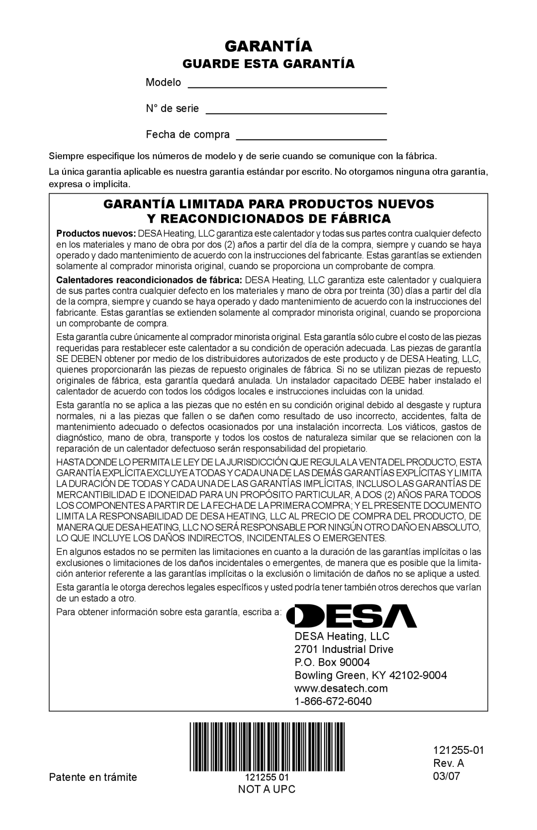 Desa HDR18NT, LCR30NT, LCR26PT, LCR18NT Guarde Esta Garantía, Modelo De serie Fecha de compra, 121255-01 Rev. a 03/07 