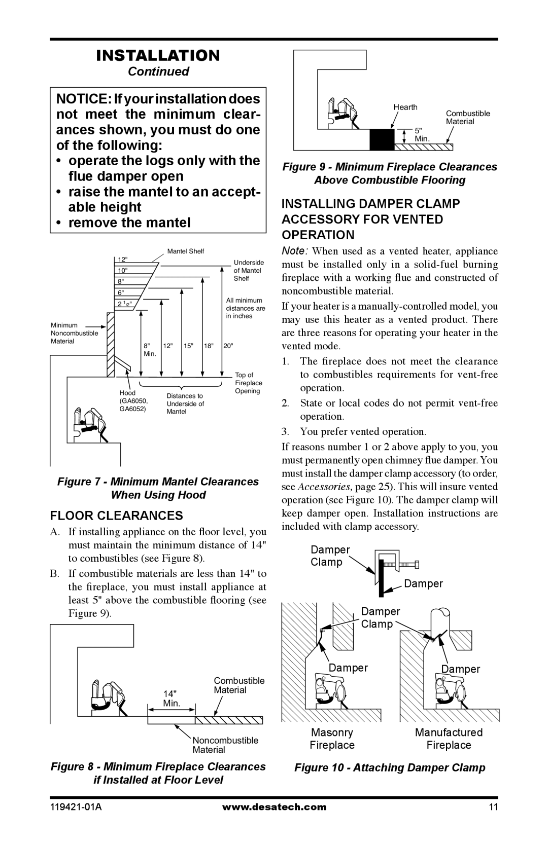 Desa HDVF3018N, HDVF3018P installation manual Installing Damper Clamp Accessory for Vented Operation, Floor Clearances 