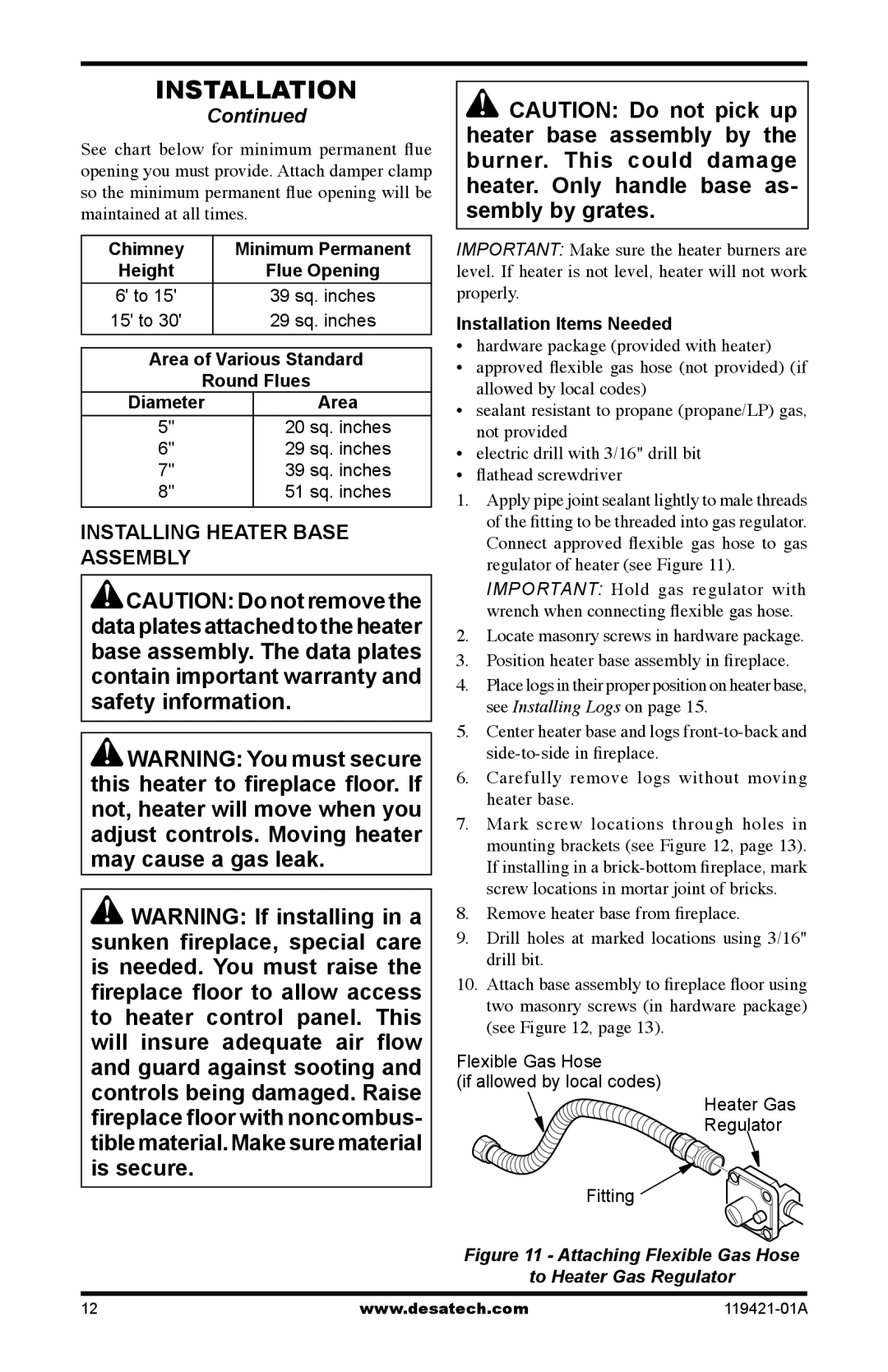 Desa HDVF3018P, HDVF3018N Installing Heater Base Assembly, Chimney Minimum Permanent, Area of Various Standard Round Flues 