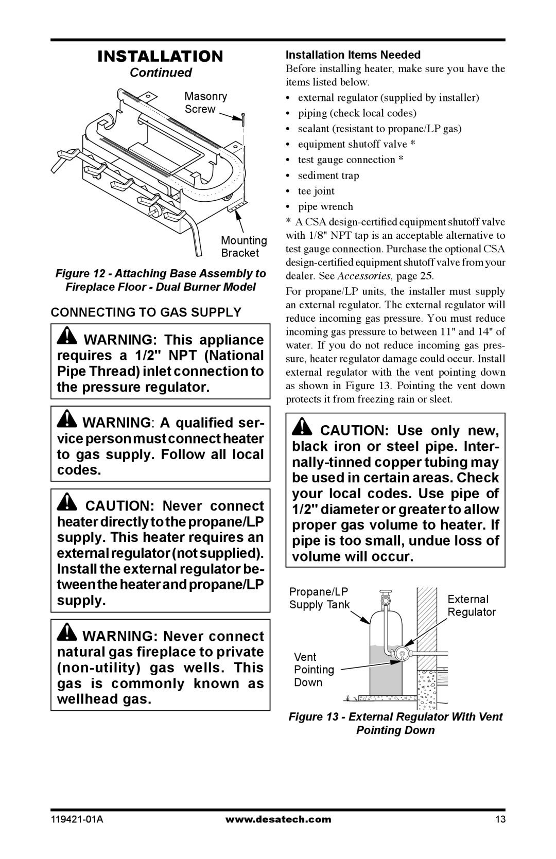 Desa HDVF3018N, HDVF3018P Connecting to GAS Supply, Attaching Base Assembly to Fireplace Floor Dual Burner Model 