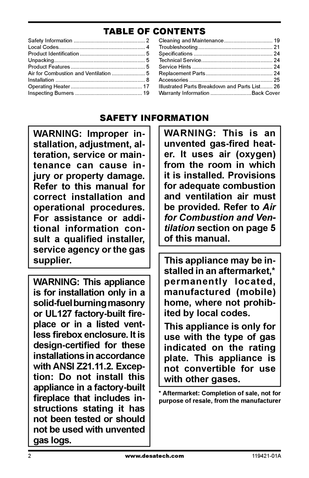 Desa HDVF3018P, HDVF3018N installation manual Table of Contents, Safety Information 