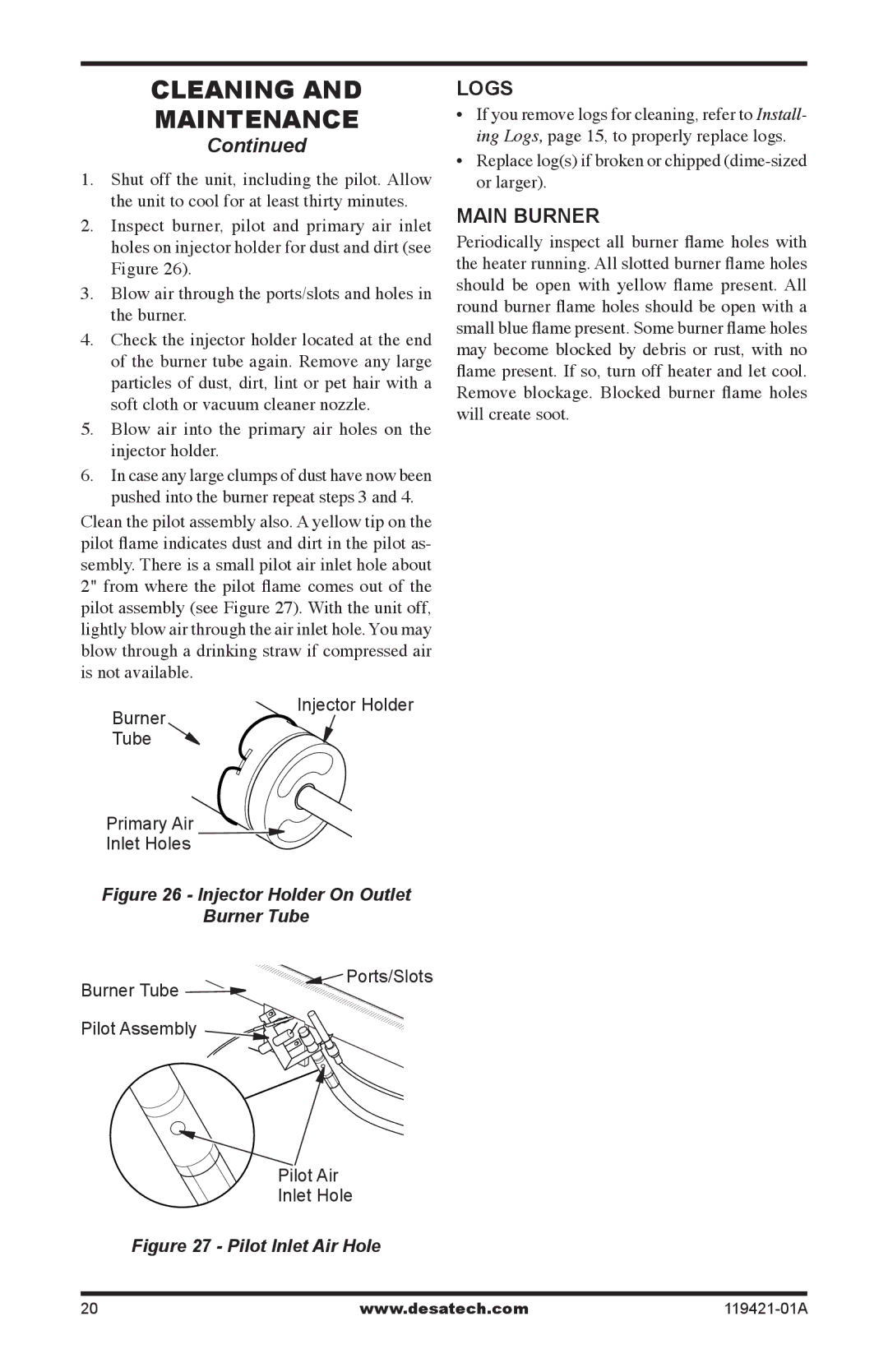 Desa HDVF3018P, HDVF3018N installation manual Logs, Blow air into the primary air holes on the injector holder 