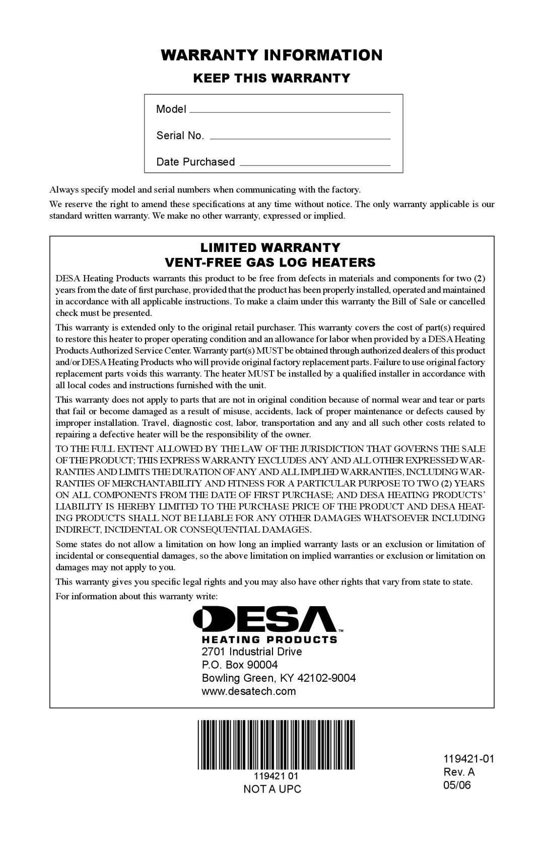 Desa HDVF3018P, HDVF3018N Warranty Information, Keep this Warranty, Limited Warranty VENT-FREE GAS LOG Heaters 