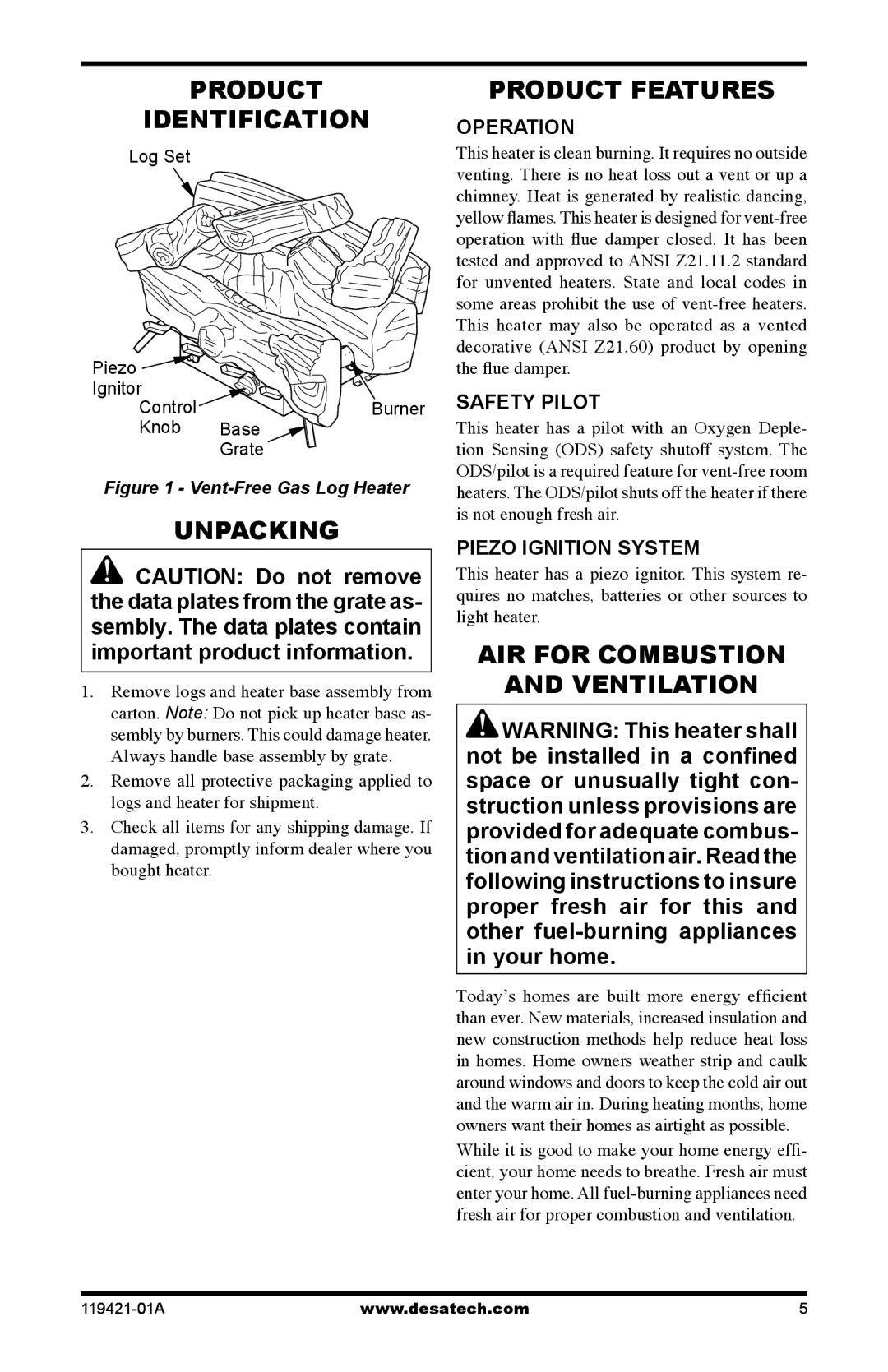 Desa HDVF3018N, HDVF3018P Product Identification, Unpacking, Product Features, Air for Combustion Ventilation 