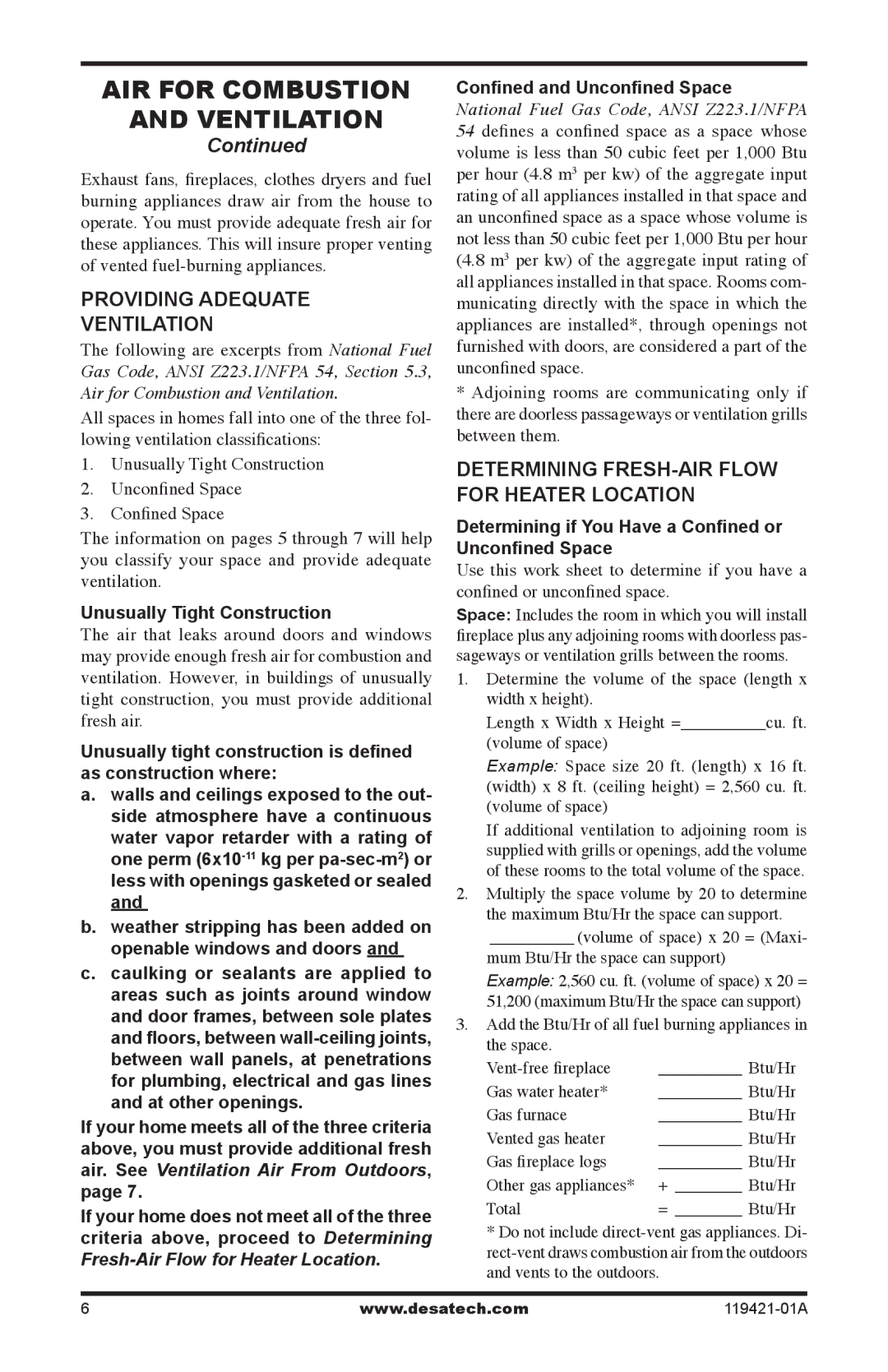 Desa HDVF3018P, HDVF3018N installation manual AIR for Combustion Ventilation, Providing Adequate Ventilation 