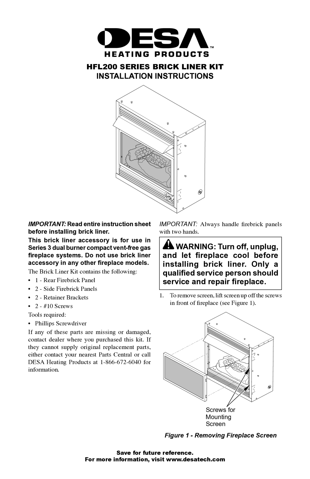 Desa installation instructions HFL200 Series Brick Liner KIT Installation Instructions 