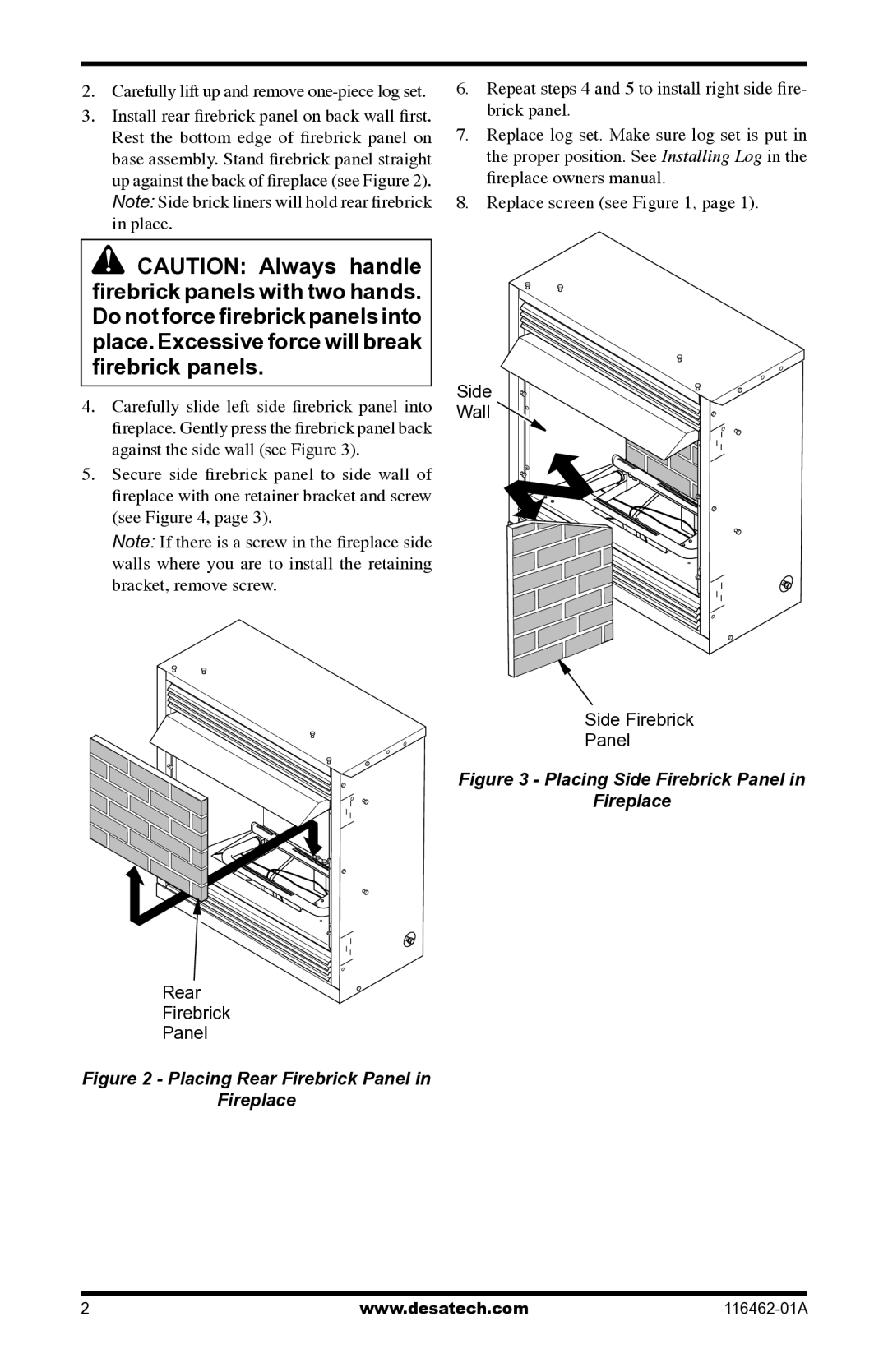 Desa HFL200 installation instructions Placing Side Firebrick Panel Fireplace 